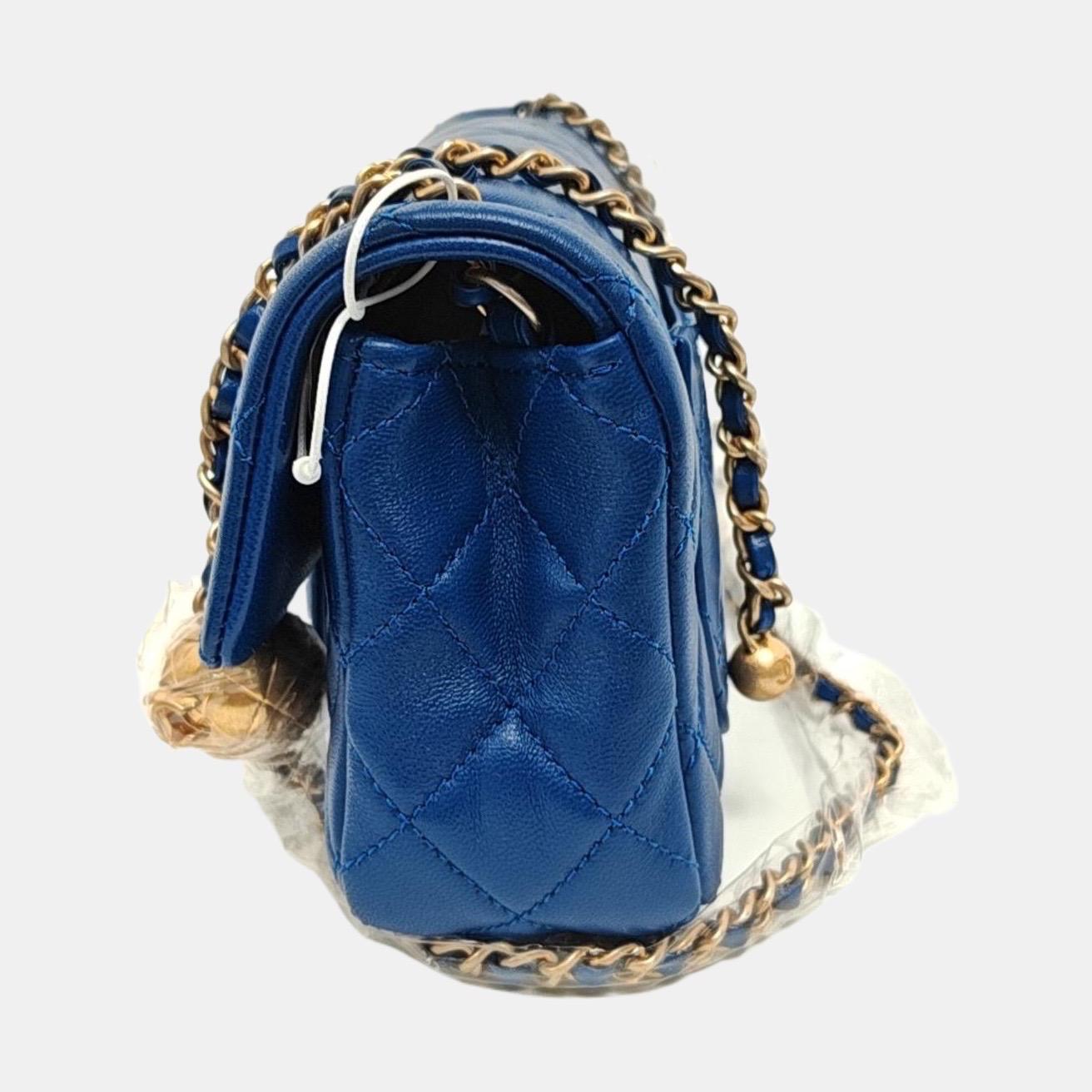 Chanel Classic Flap Rectangular Mini Blue Lambskin Pearl Crush Gold Ball 2