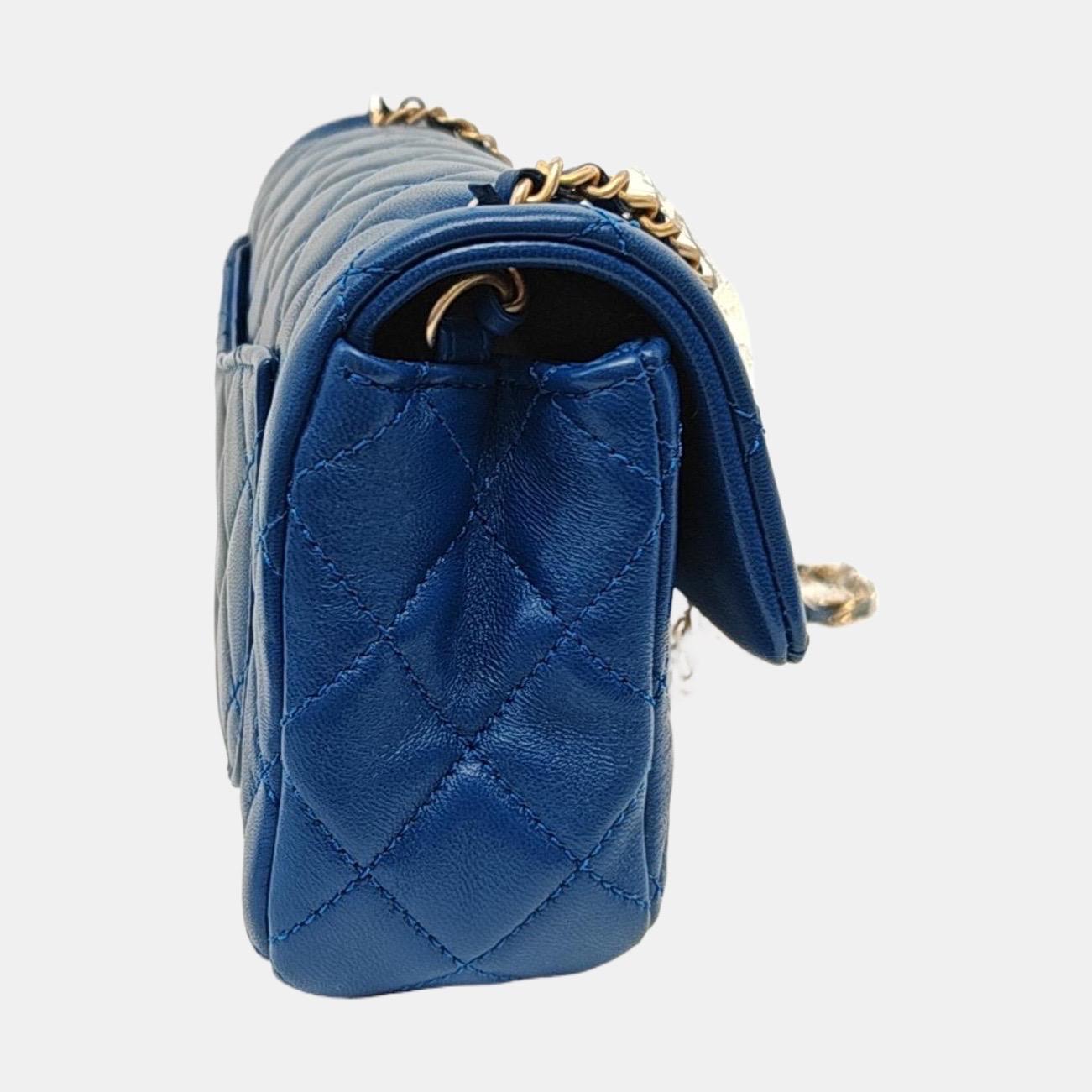 Chanel Classic Flap Rectangular Mini Blue Lambskin Pearl Crush Gold Ball 3