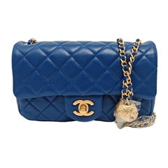 Chanel Classic Flap Rectangular Mini Blue Lambskin Pearl Crush Gold Ball