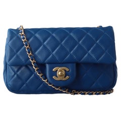 Chanel Classic Flap Rectangular Mini Blue Lambskin Pearl Crush Gold Ball