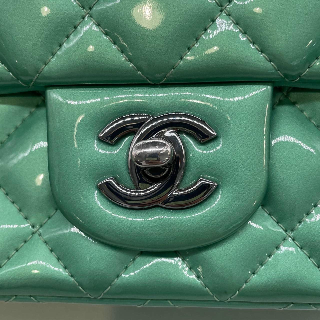 Chanel Classic Flap Rectangular Mini Green Patent Leather Silver HW 10