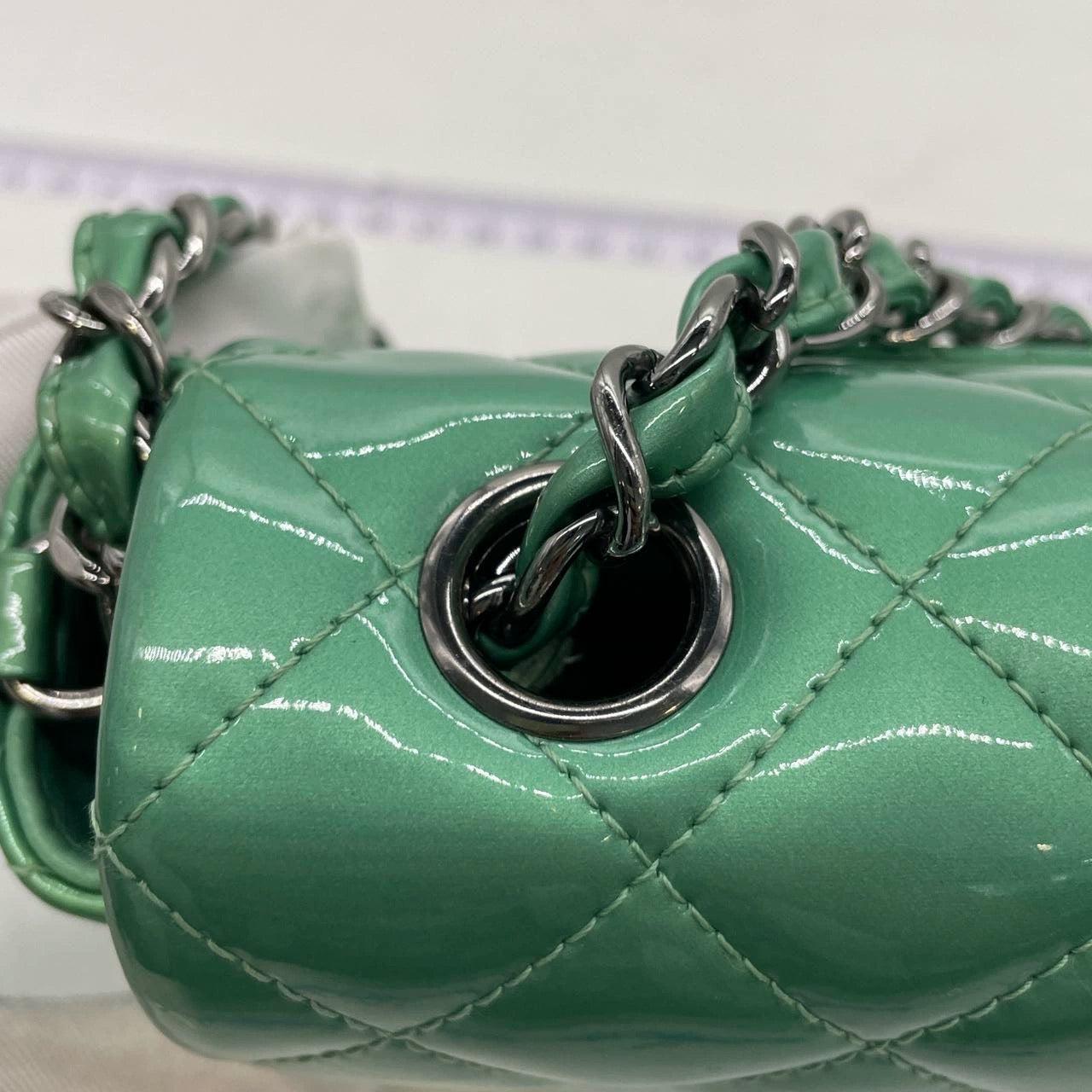 Chanel Classic Flap Rectangular Mini Green Patent Leather Silver HW 12