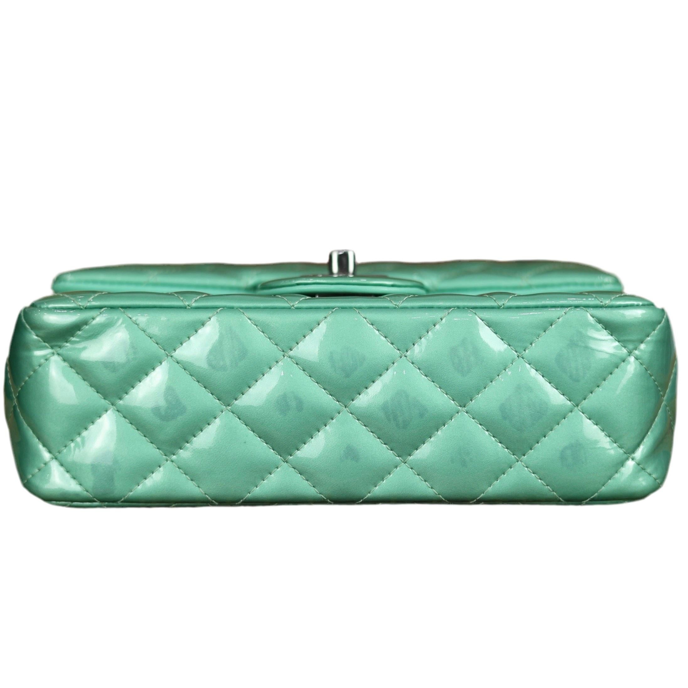 Chanel Classic Flap Rectangular Mini Green Patent Leather Silver HW 4