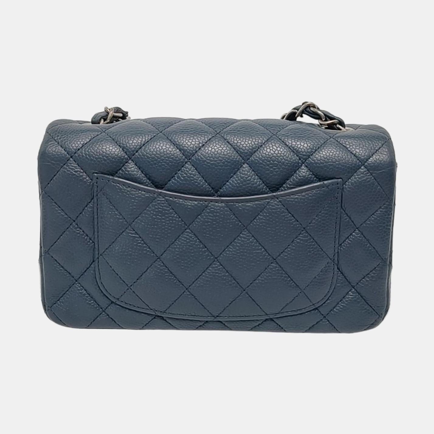 Black Chanel Classic Flap Rectangular Mini Navy Caviar leather Silver Hardware For Sale