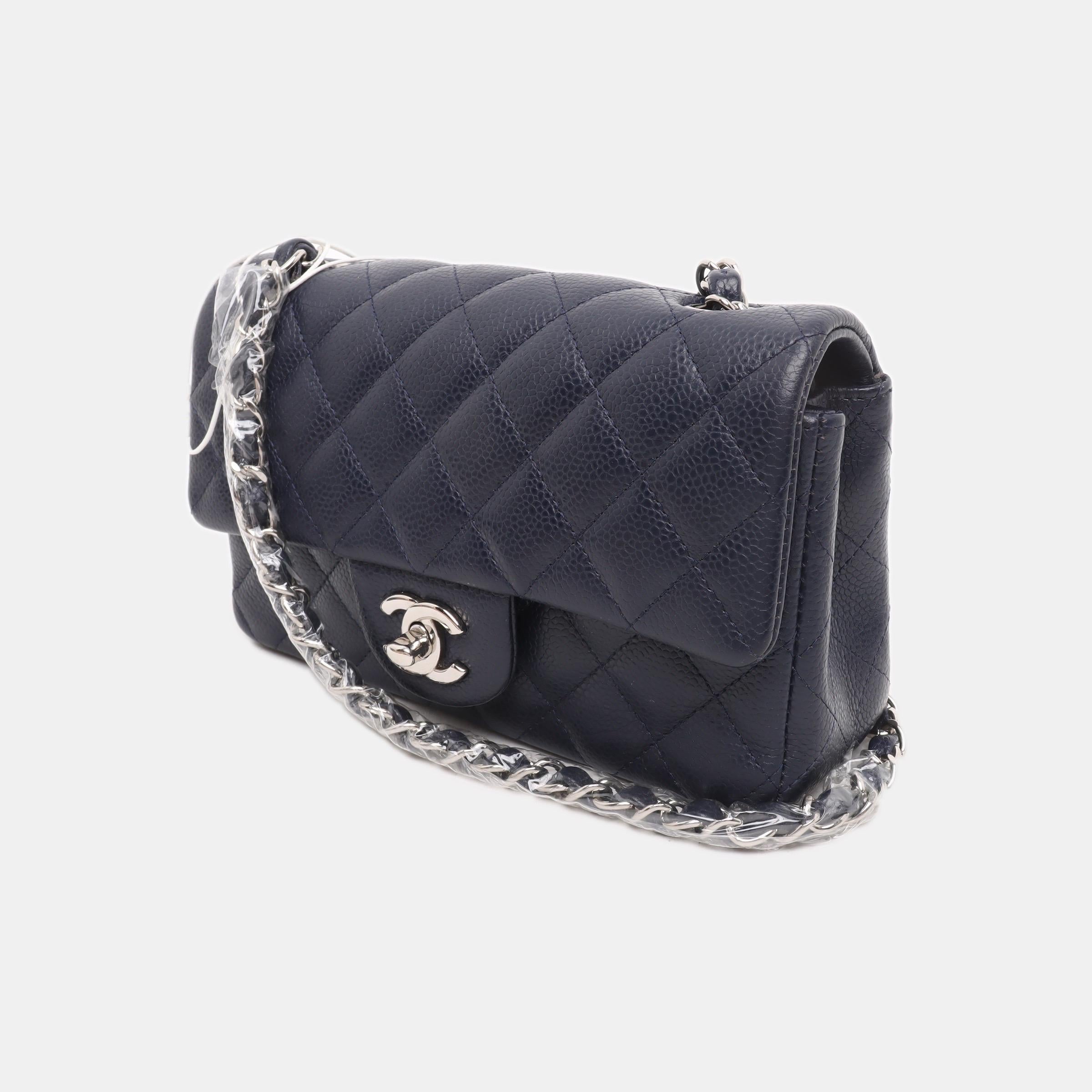 Black Chanel Classic Flap Rectangular Mini Navy Caviar Leather Silver Hardware