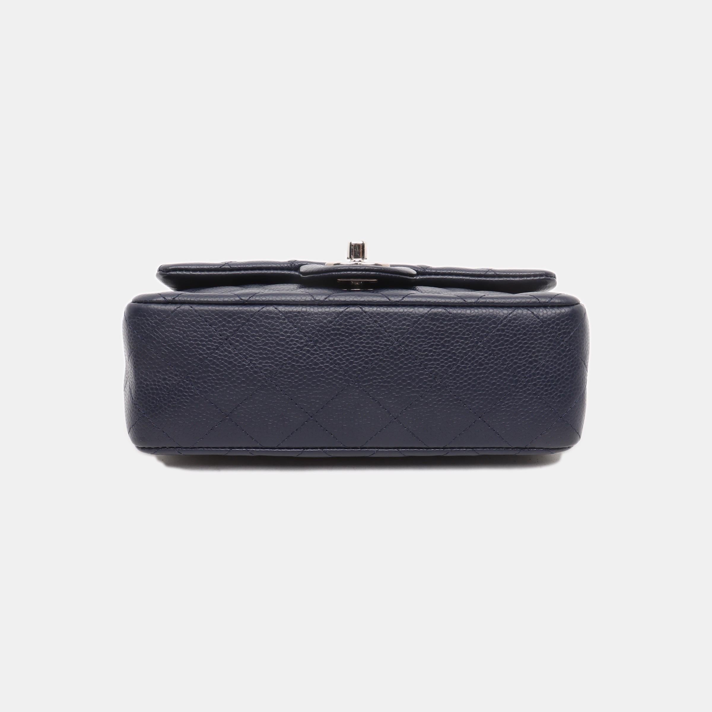 Chanel Classic Flap Rectangular Mini Navy Caviar Leather Silver Hardware In Good Condition In AUBERVILLIERS, FR