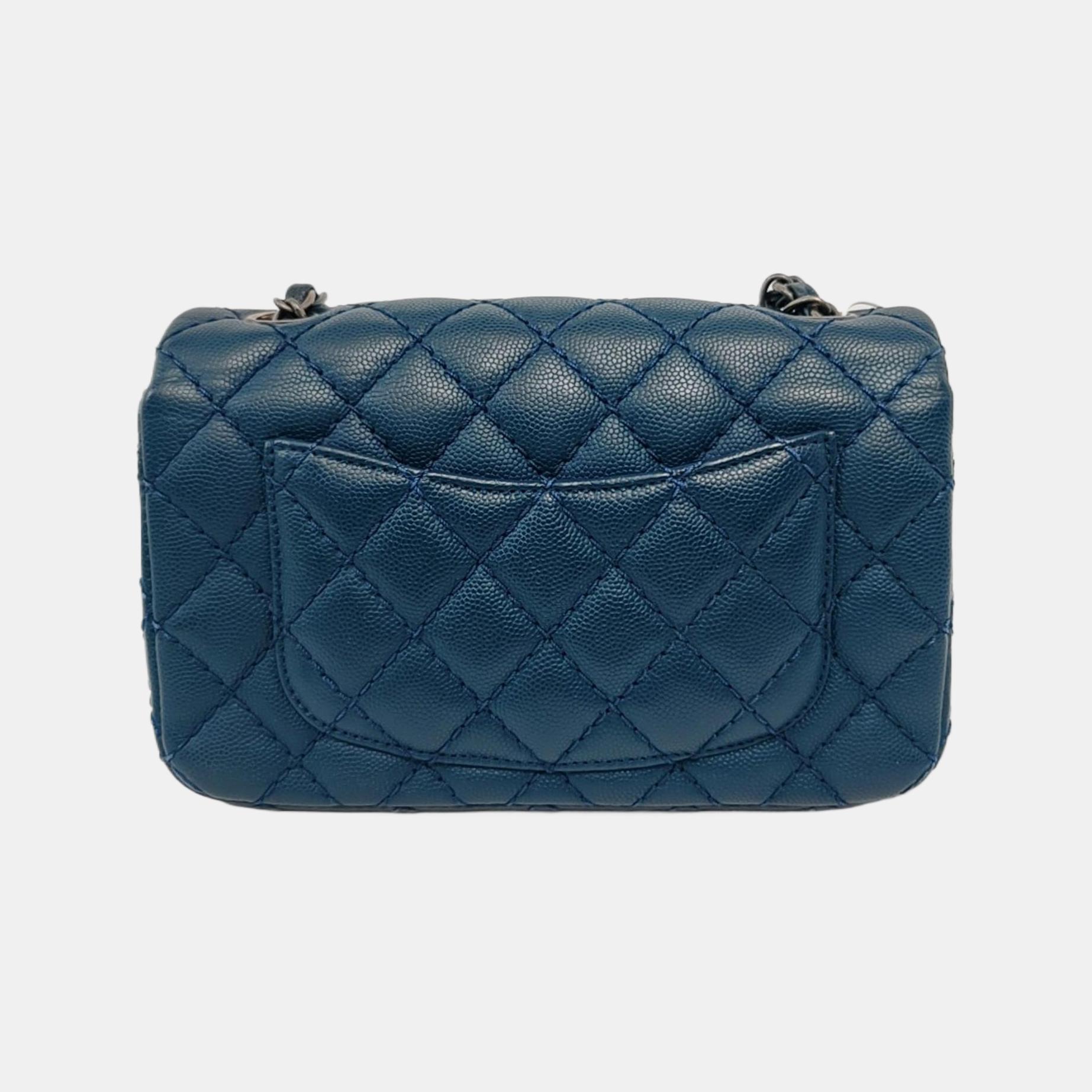 Chanel Classic Flap Rectangular Mini Navy Caviar leather Silver Hardware In Good Condition In AUBERVILLIERS, FR