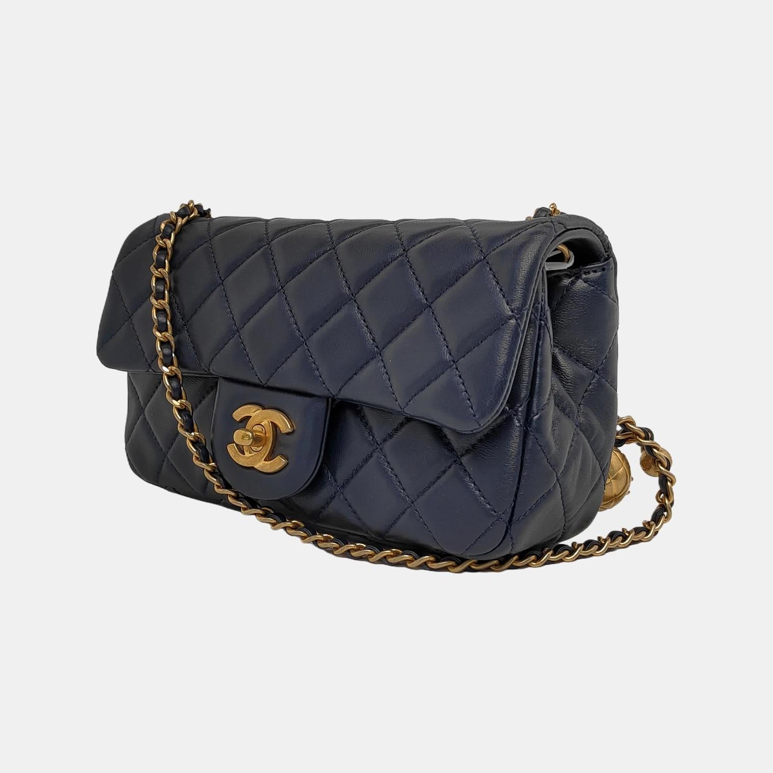 Black Chanel Classic Flap Rectangular Mini Navy Lambskin Pearl Crush Adjustable Gold B
