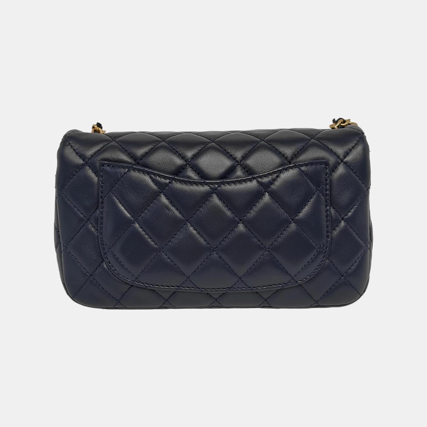 Chanel Classic Flap Rectangular Mini Navy Lambskin Pearl Crush Adjustable Gold B In Excellent Condition In AUBERVILLIERS, FR