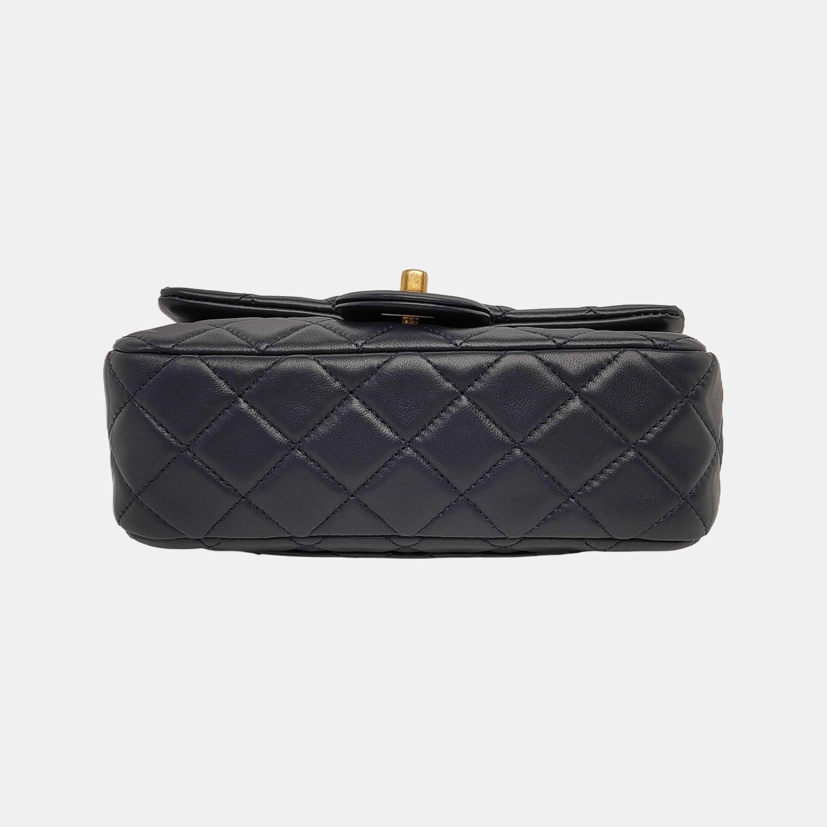 Women's or Men's Chanel Classic Flap Rectangular Mini Navy Lambskin Pearl Crush Adjustable Gold B