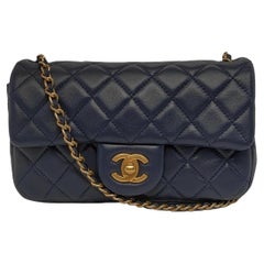 Chanel Classic Flap Rectangular Mini Navy Lambskin Pearl Crush Adjustable Gold B
