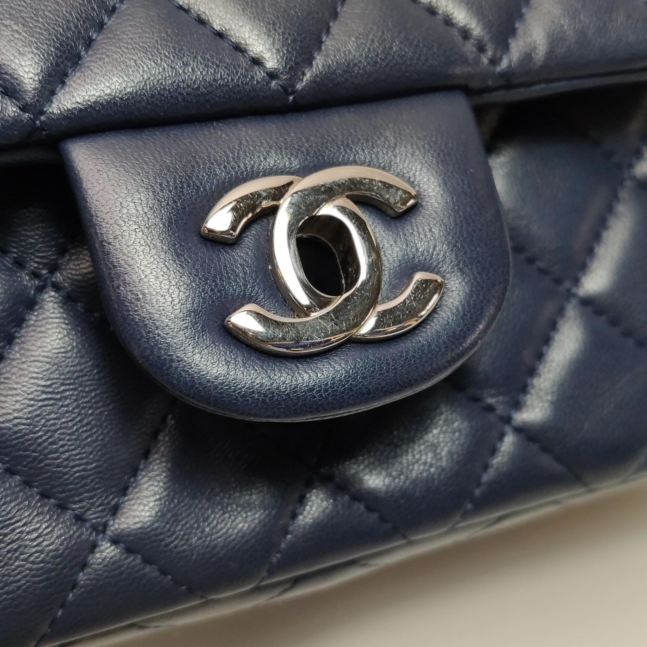 Chanel Classic Flap Rectangular Mini Navy Lambskin Silver Hardware For Sale 5