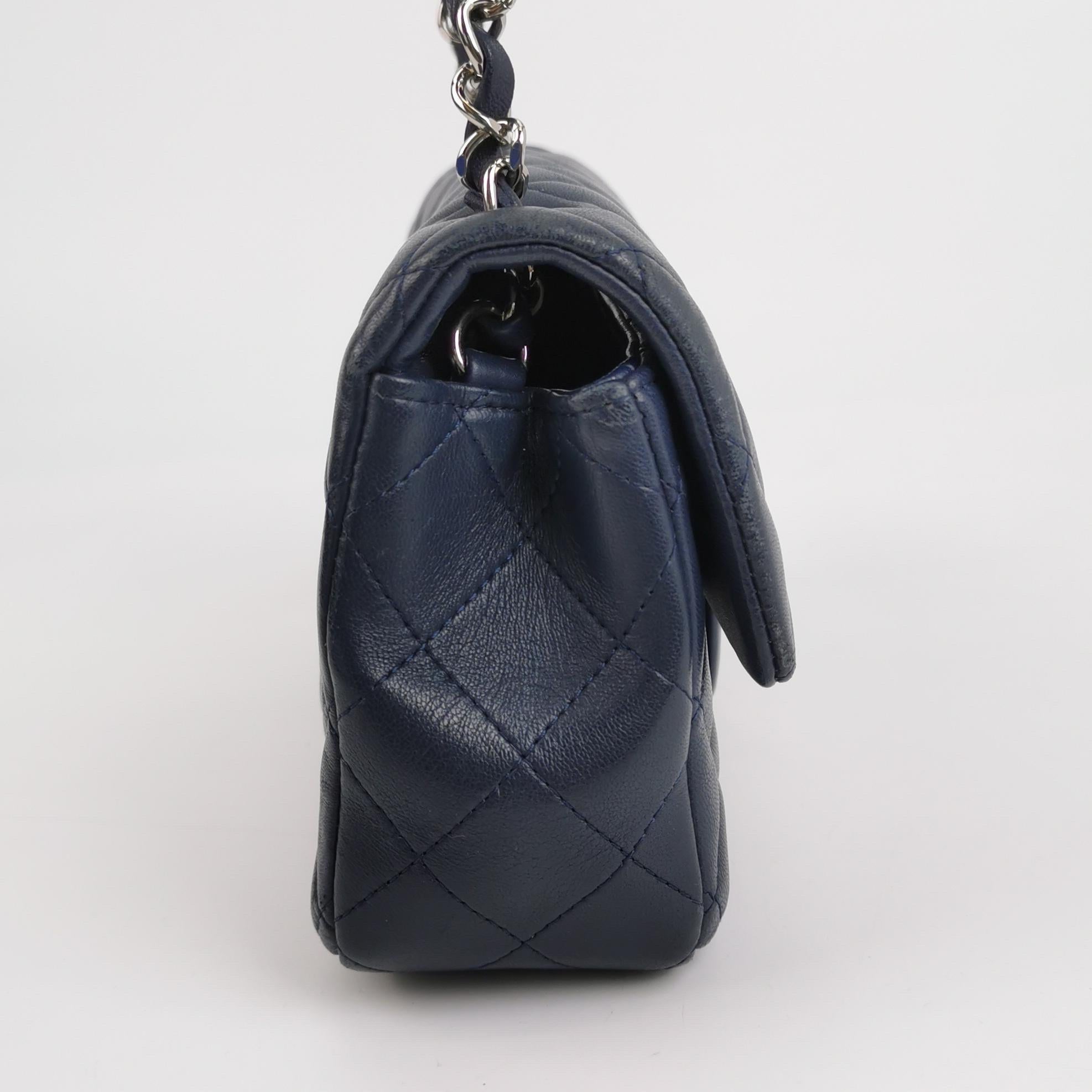 Black Chanel Classic Flap Rectangular Mini Navy Lambskin Silver Hardware For Sale