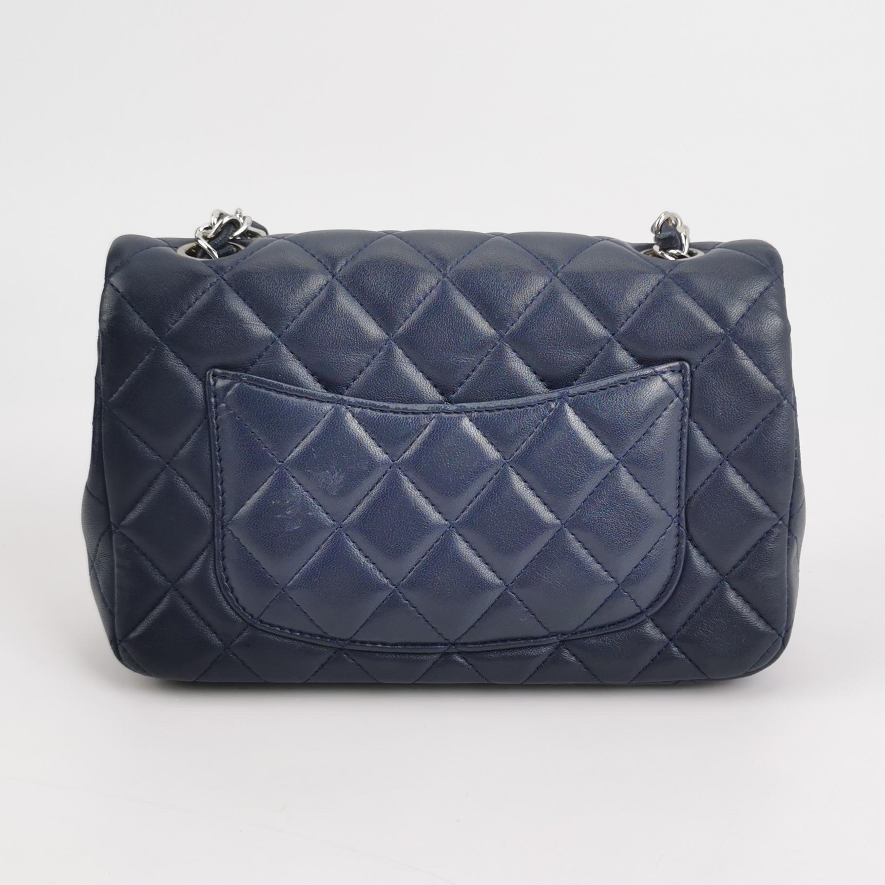 Women's Chanel Classic Flap Rectangular Mini Navy Lambskin Silver Hardware For Sale