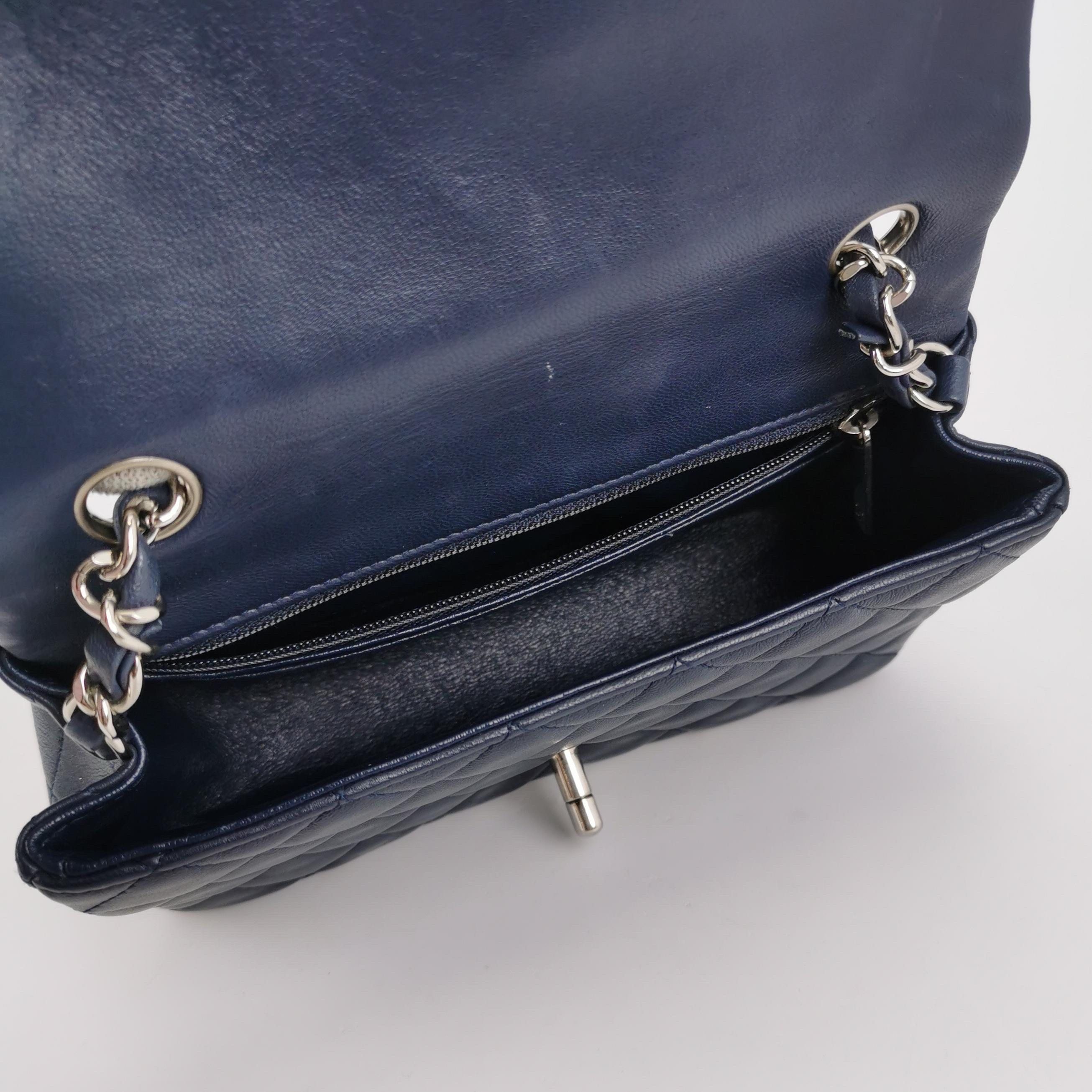 Chanel Classic Flap Rectangular Mini Navy Lambskin Silver Hardware For Sale 4