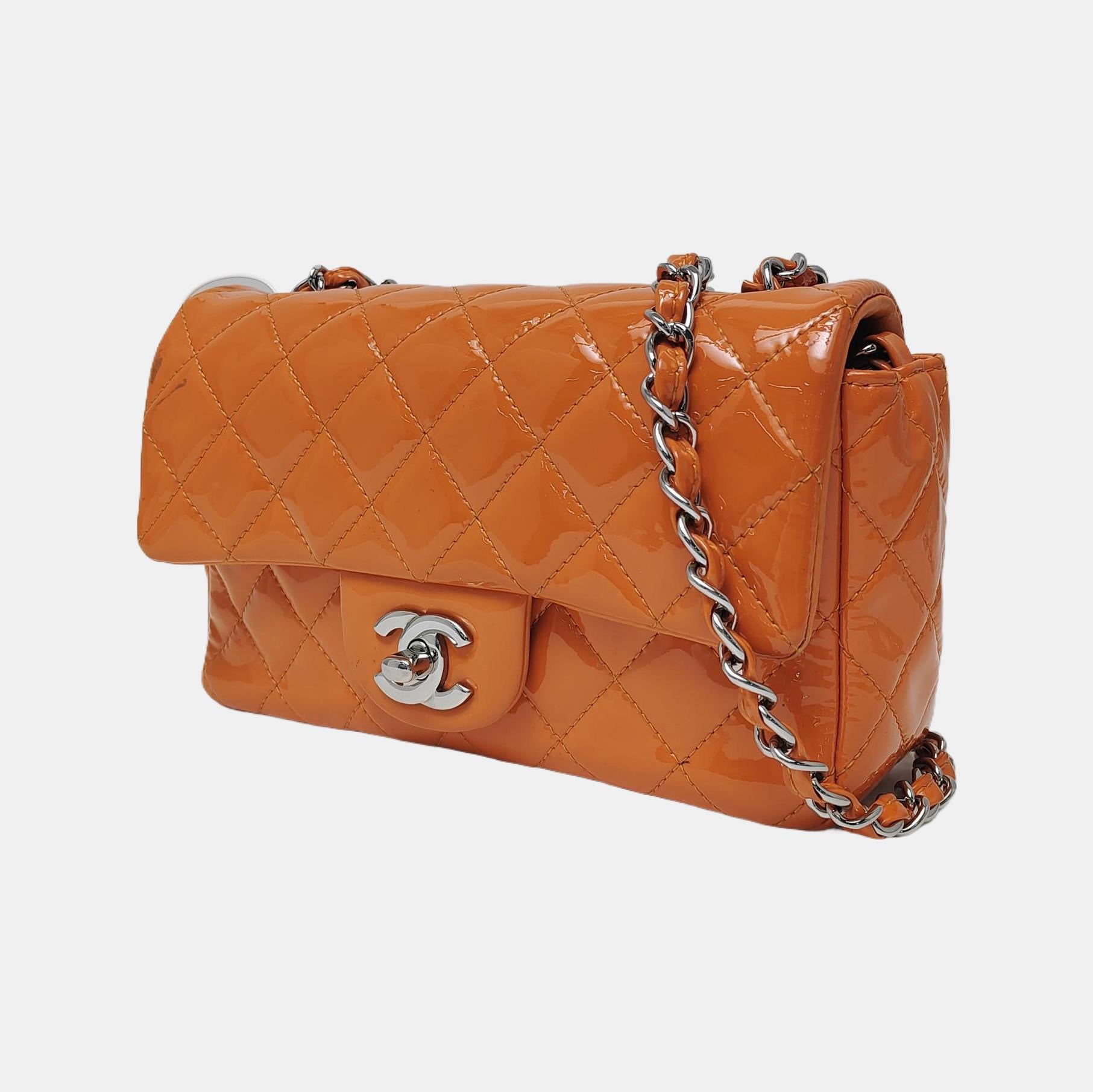 Brown Chanel Classic Flap Rectangular Mini Orange Patent Leather Silver HW