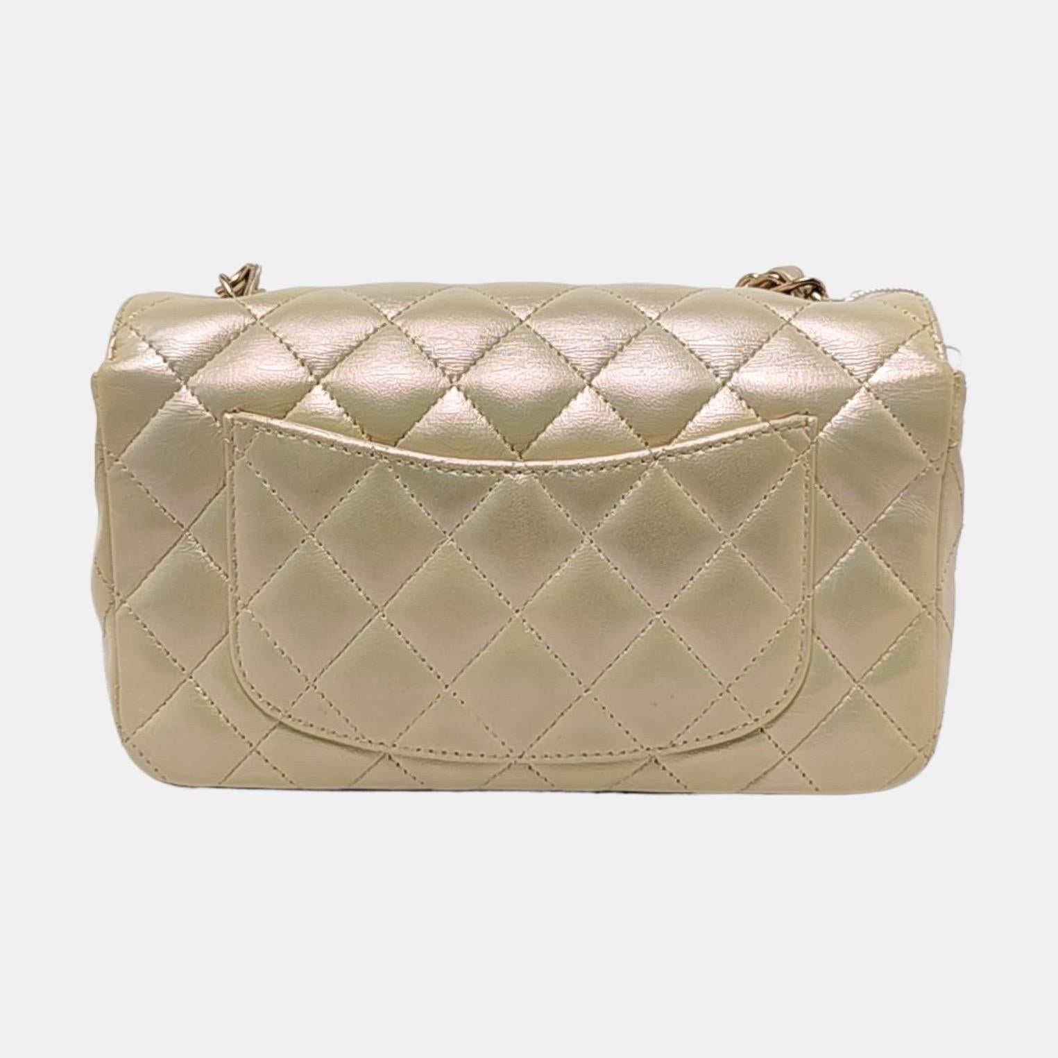 Brown Chanel Classic Flap Rectangular Mini Pearlescent Gold Champagne Lambskin Leather For Sale