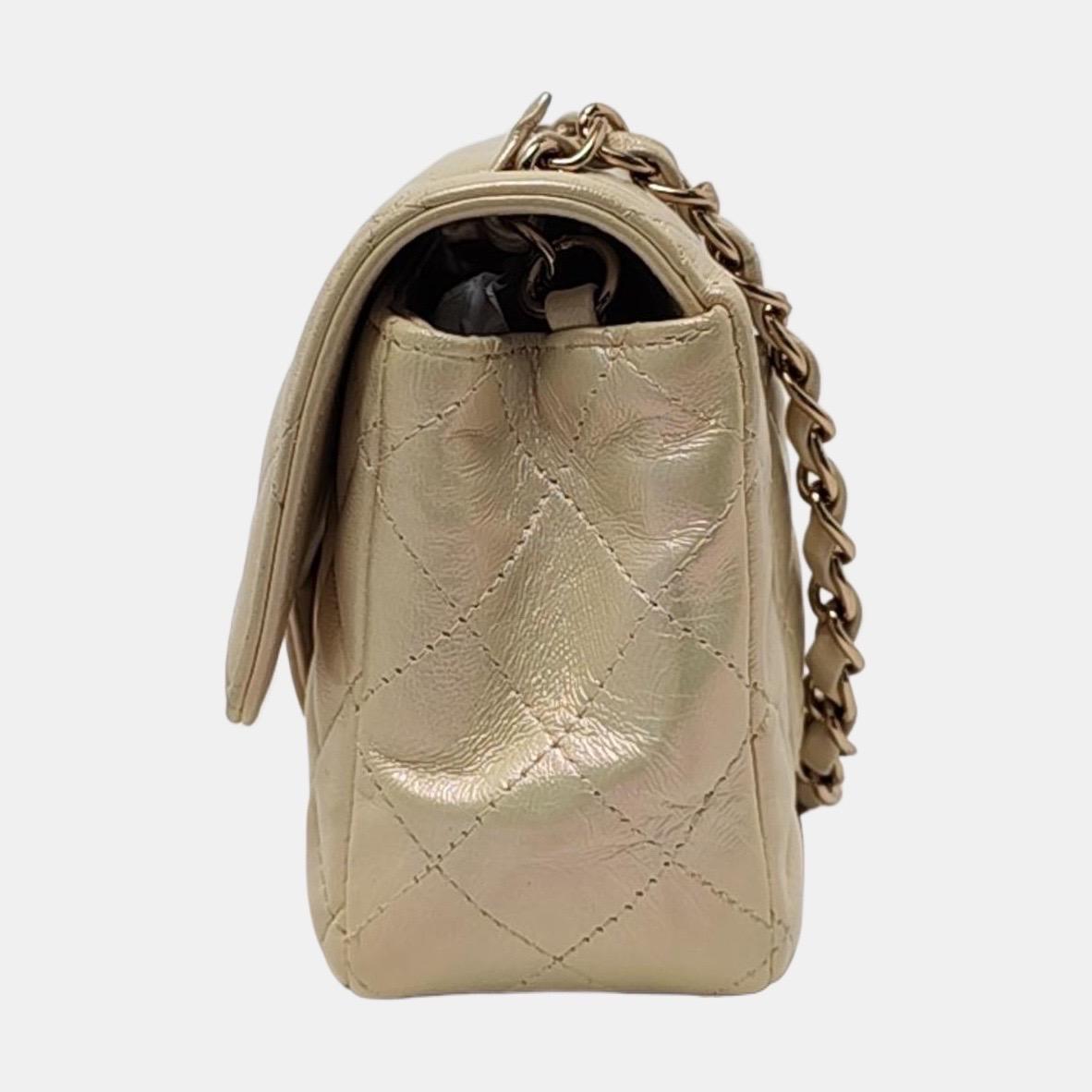Women's Chanel Classic Flap Rectangular Mini Pearlescent Gold Champagne Lambskin Leather For Sale