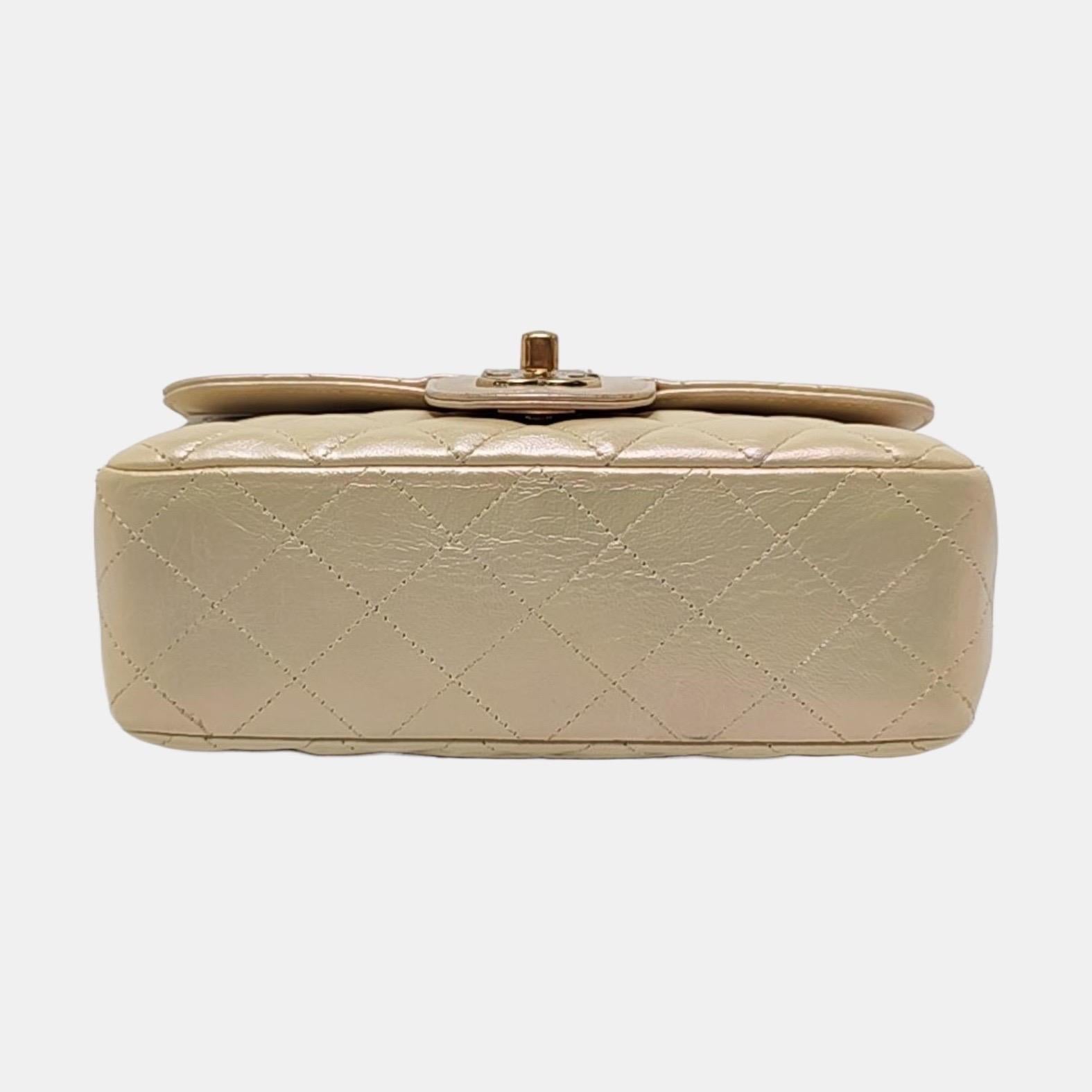 Chanel Classic Flap Rectangular Mini Pearlescent Gold Champagne Lambskin Leather For Sale 1