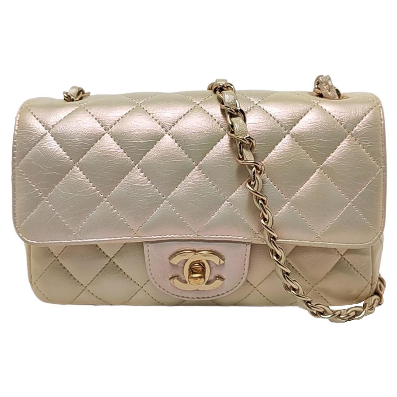 Chanel Classic Flap Rectangular Mini Pearlescent Gold Champagne Lambskin Leather For Sale