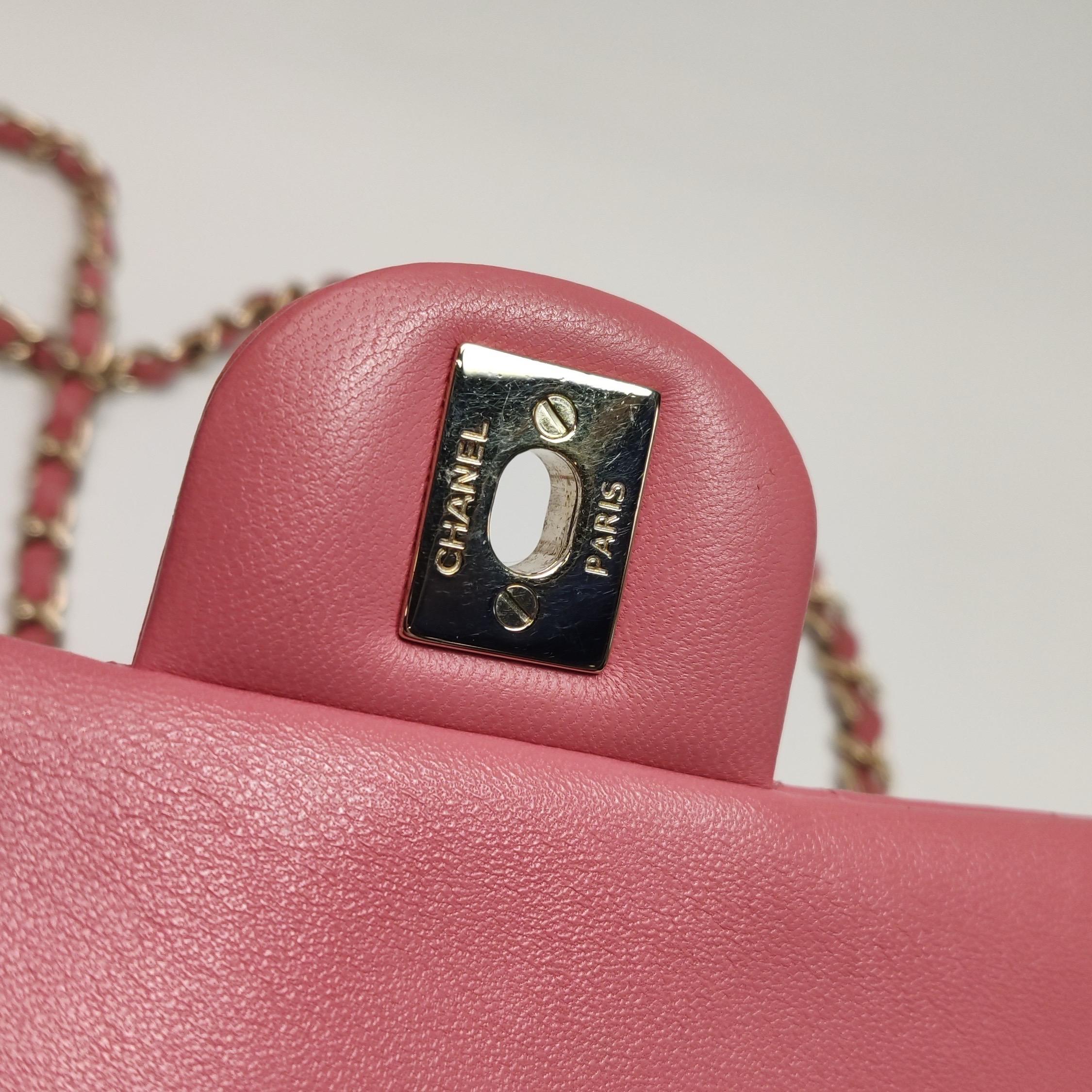 Chanel Classic Flap Rectangular Mini Pink Lambskin Leather Gold Hardware Charms 12