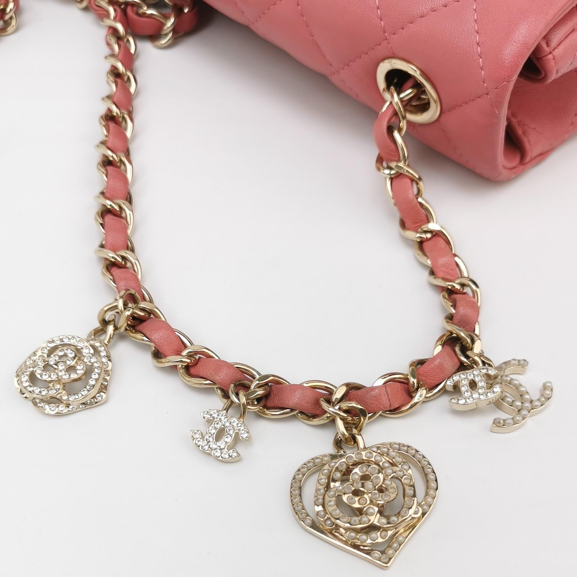 Chanel Classic Flap Rectangular Mini Pink Lambskin Leather Gold Hardware Charms 3