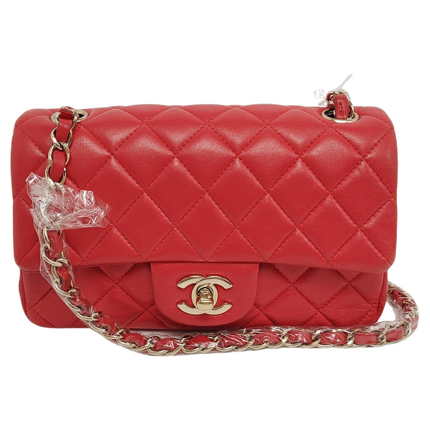 Chanel Classic Flap Rectangular Mini Red Lambskin Leather Gold-tone Hardware For Sale