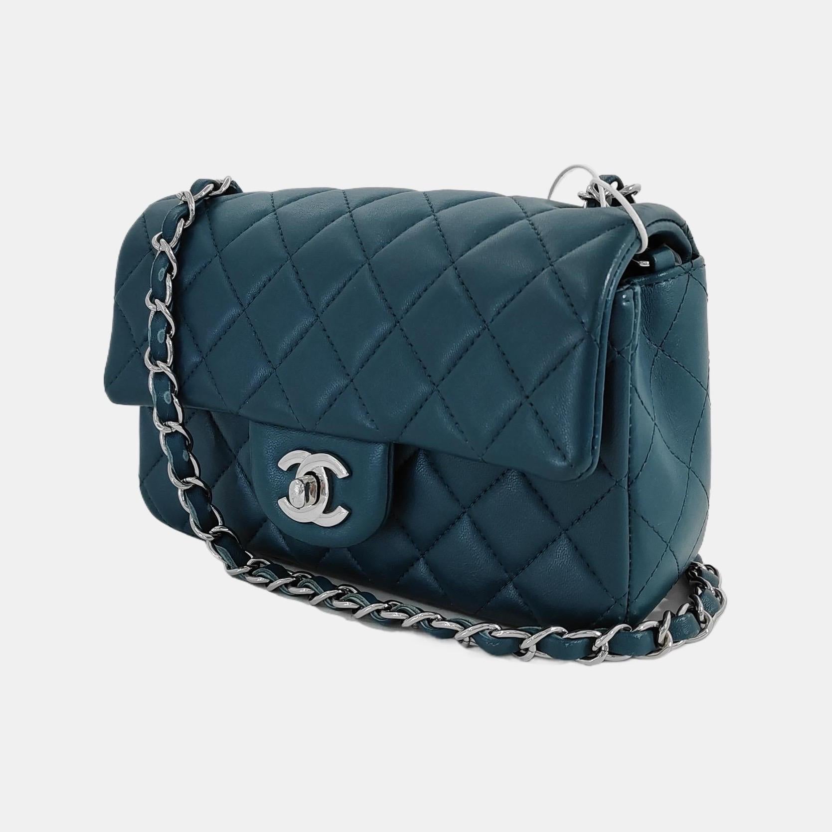 Bleu Chanel Classic Flap Rectangular Mini Teal Green Lambskin 2020 en vente