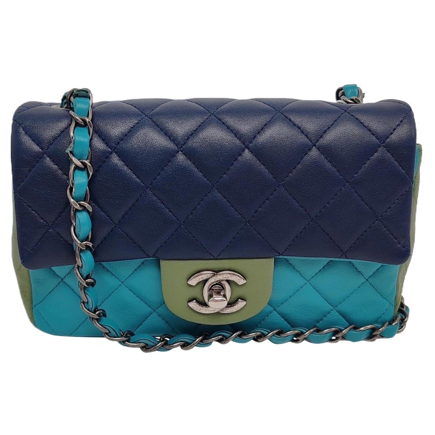 Chanel Classic Flap Rectangular Mini Tri-color Navy Blue Green Silver Hardware 2