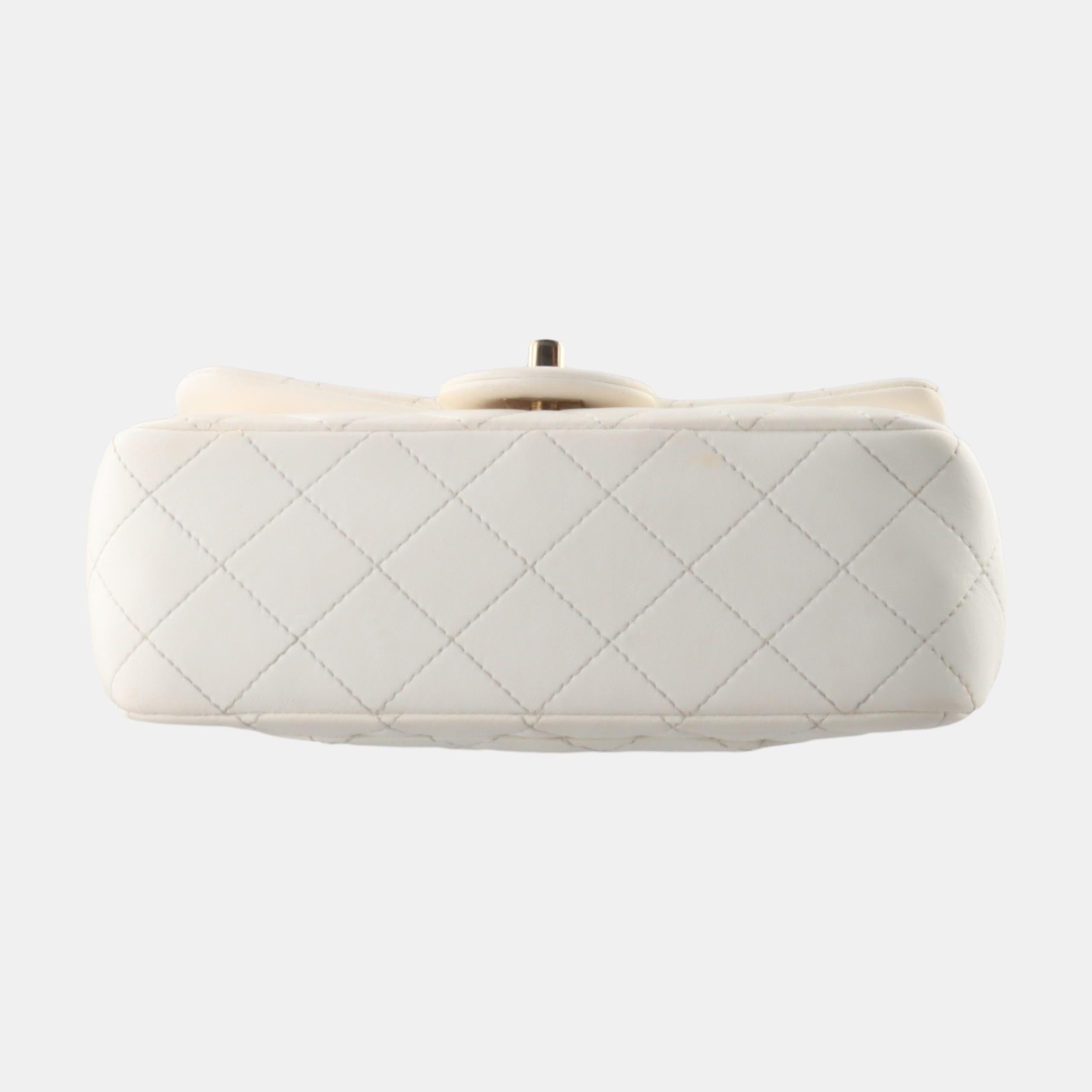 Beige Chanel Classic Flap Rectangular Mini White Lambskin Pearl Crush Gold Ball Chain