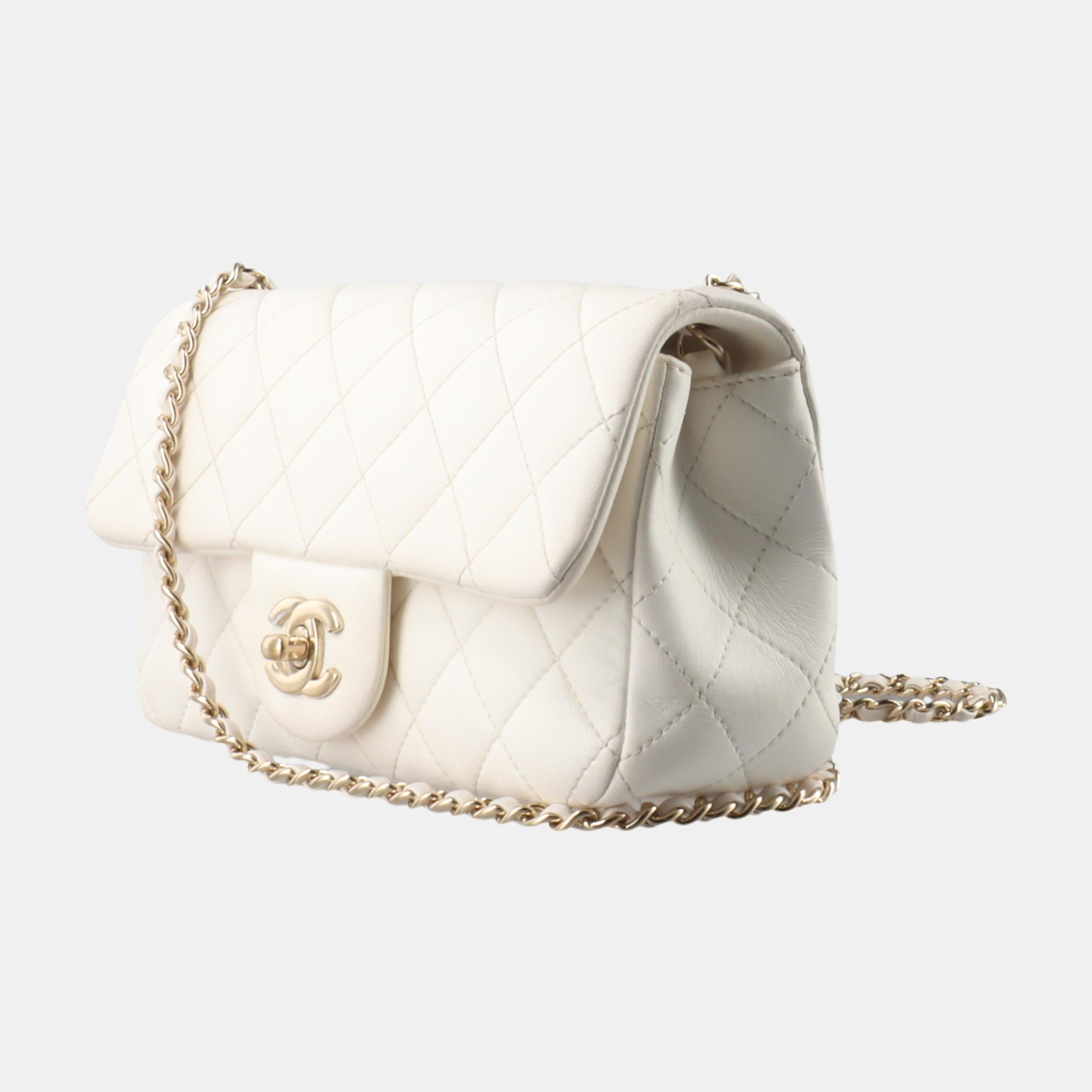 Women's Chanel Classic Flap Rectangular Mini White Lambskin Pearl Crush Gold Ball Chain