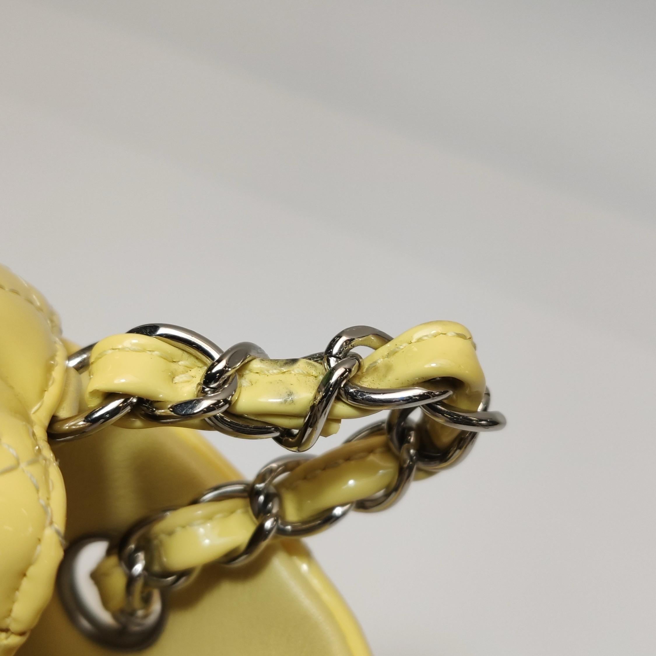 Chanel Classic Flap Rectangular Mini Yellow Patent Leather Silver Hardware For Sale 7