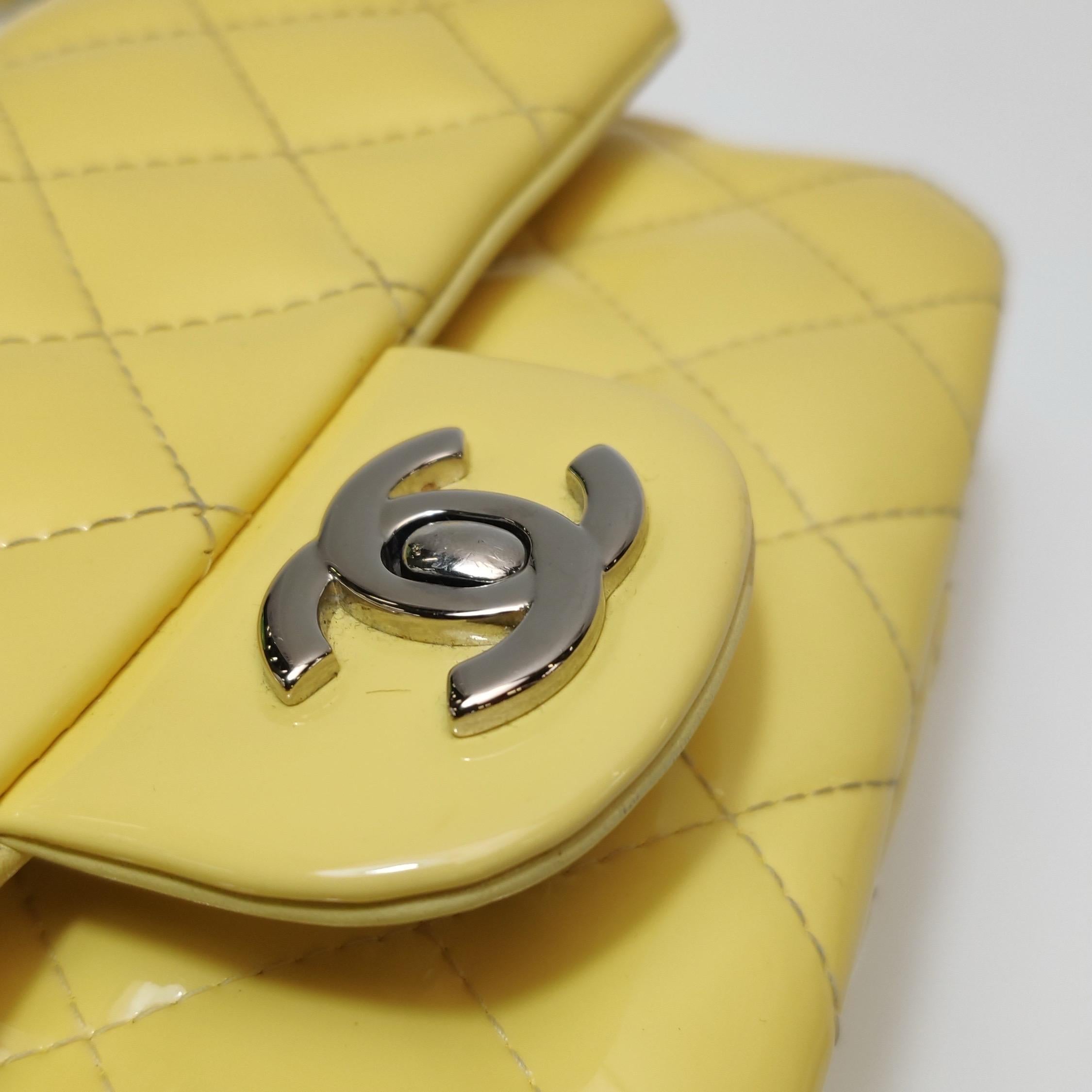 Chanel Classic Flap Rectangular Mini Yellow Patent Leather Silver Hardware For Sale 8