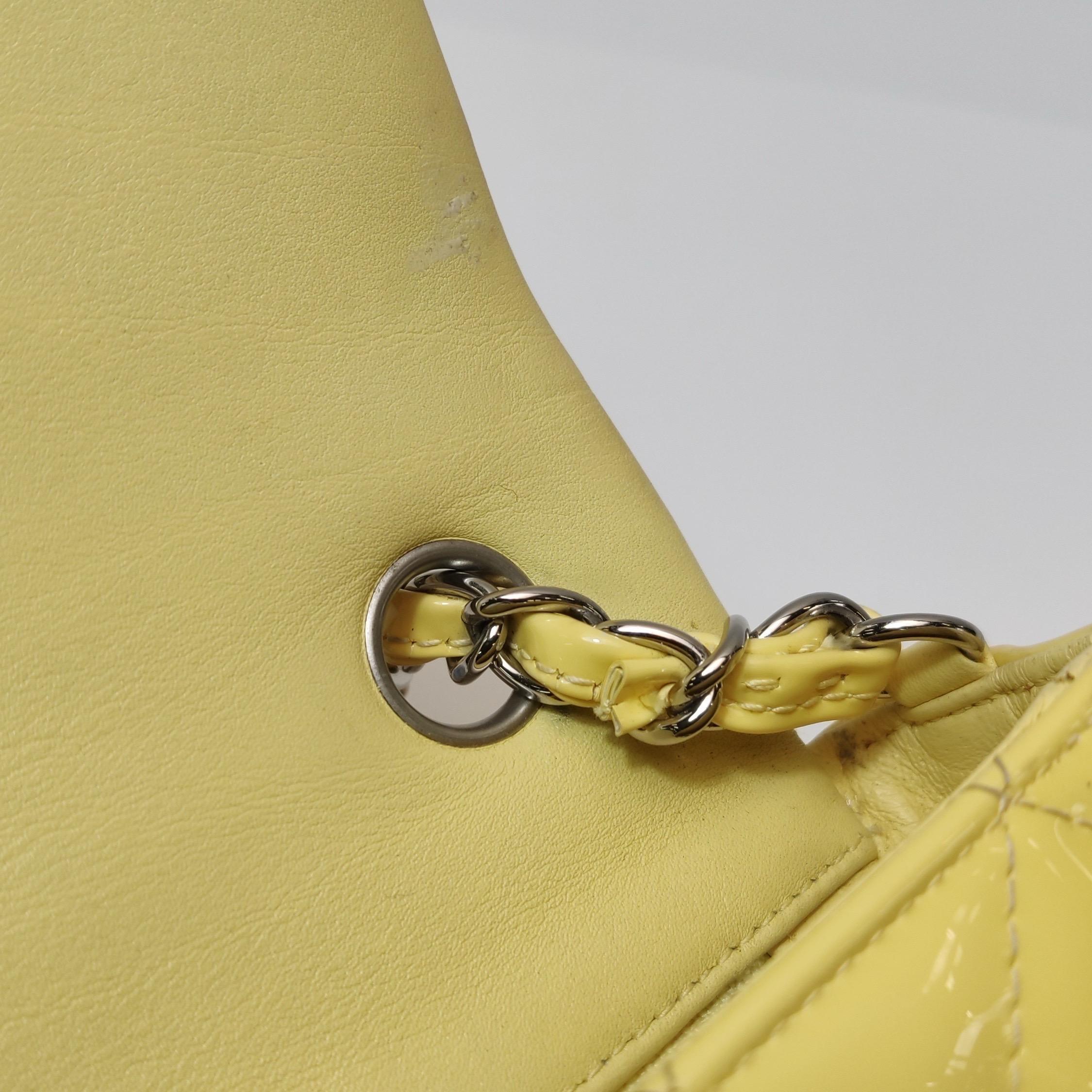 Chanel Classic Flap Rectangular Mini Yellow Patent Leather Silver Hardware For Sale 9