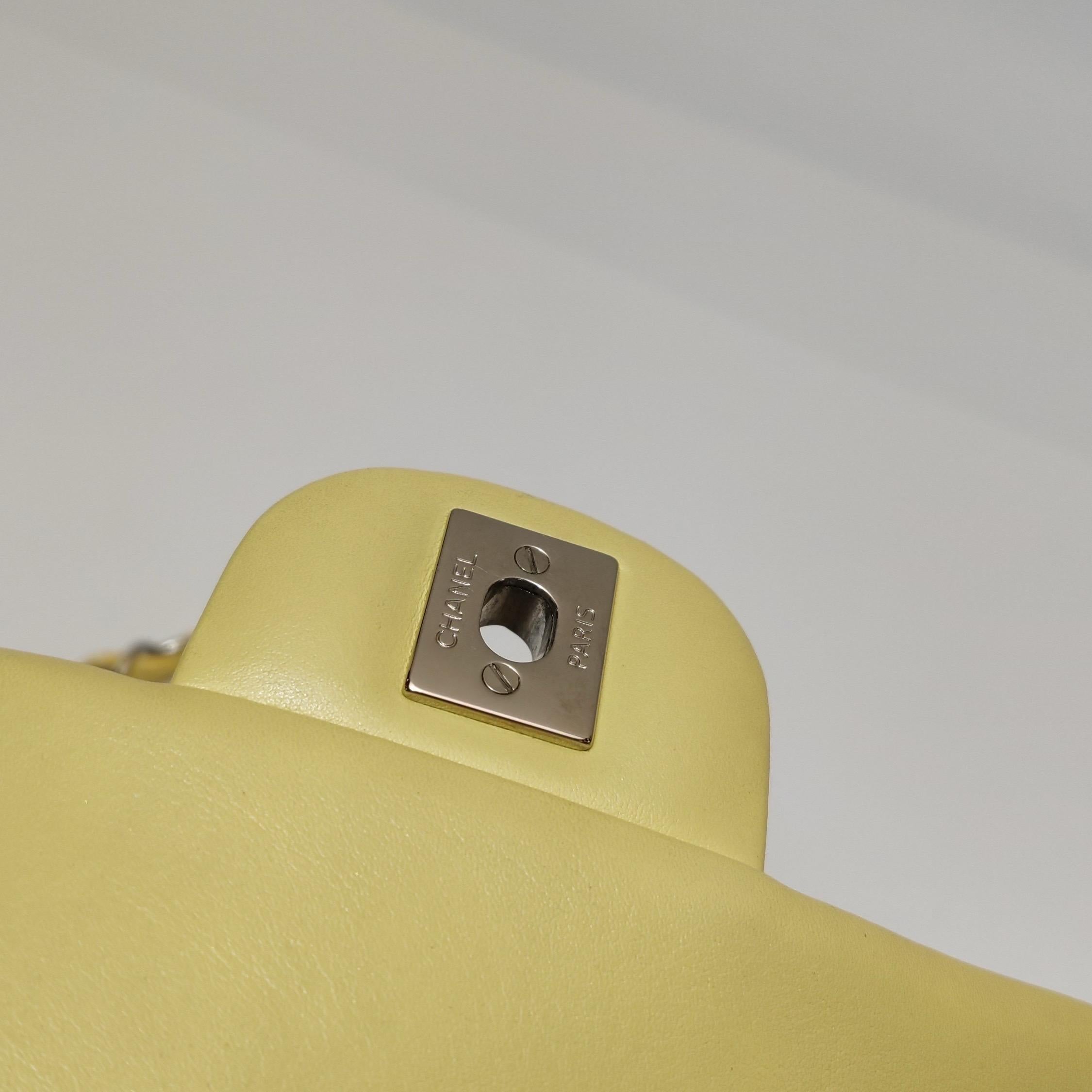Chanel Classic Flap Rectangular Mini Yellow Patent Leather Silver Hardware For Sale 10