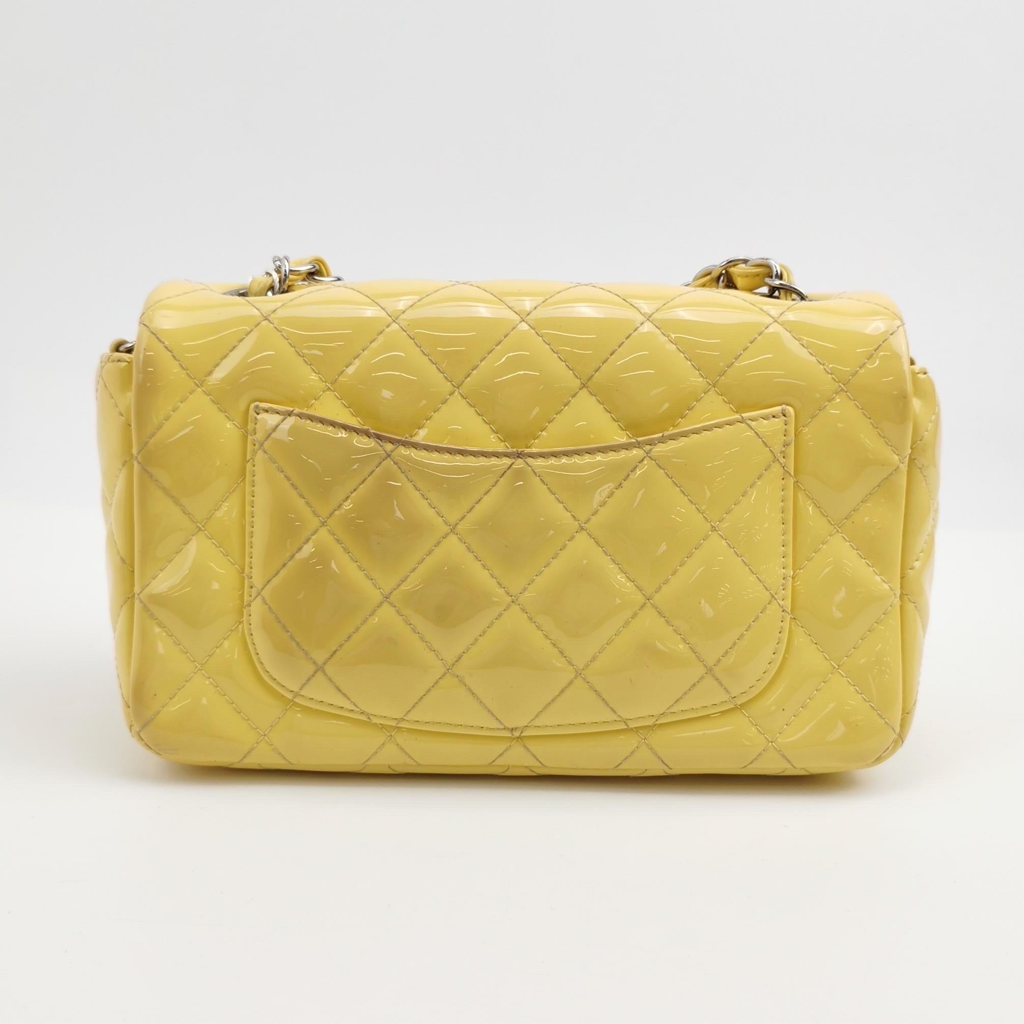Orange Chanel Classic Flap Rectangular Mini Yellow Patent Leather Silver Hardware For Sale