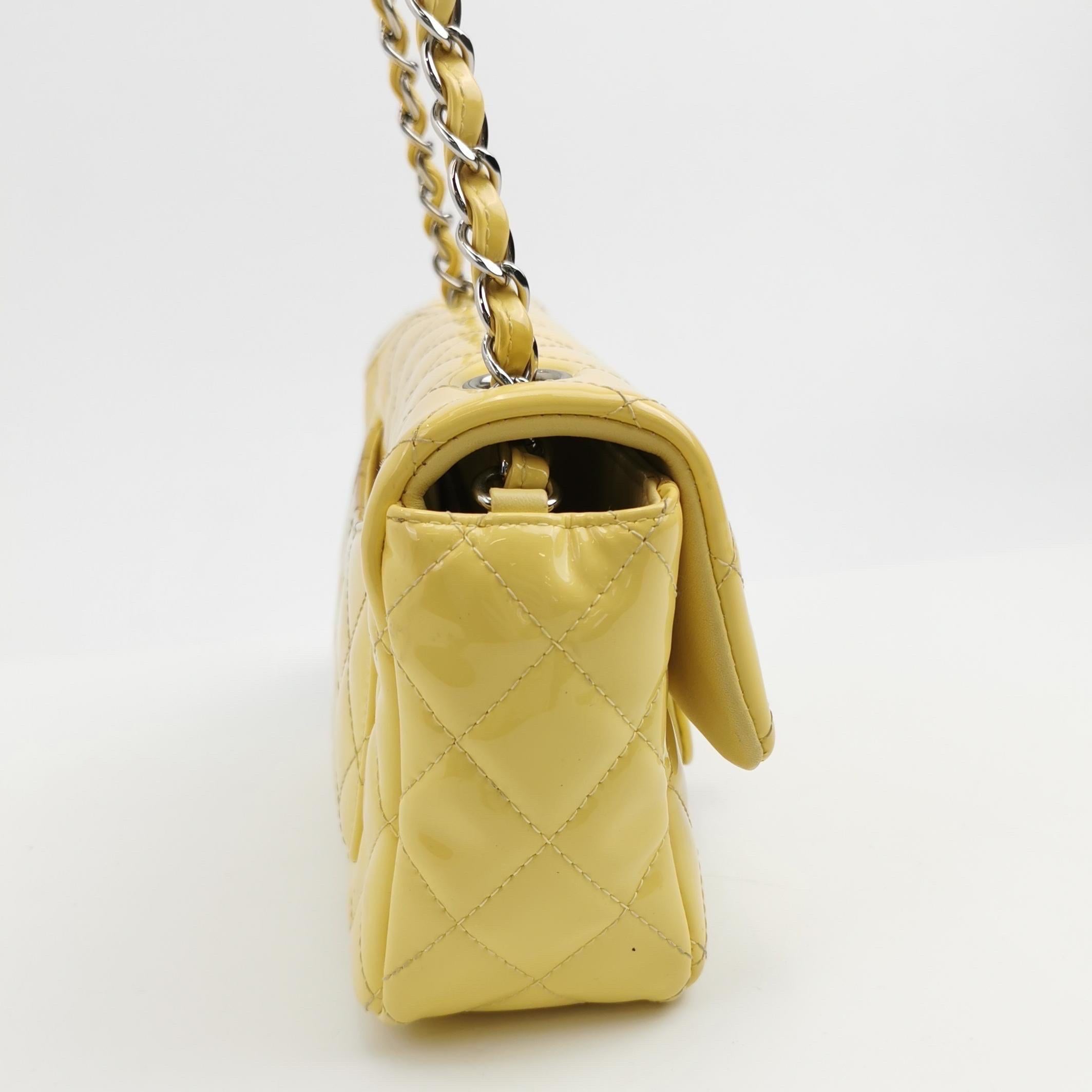 Women's Chanel Classic Flap Rectangular Mini Yellow Patent Leather Silver Hardware For Sale