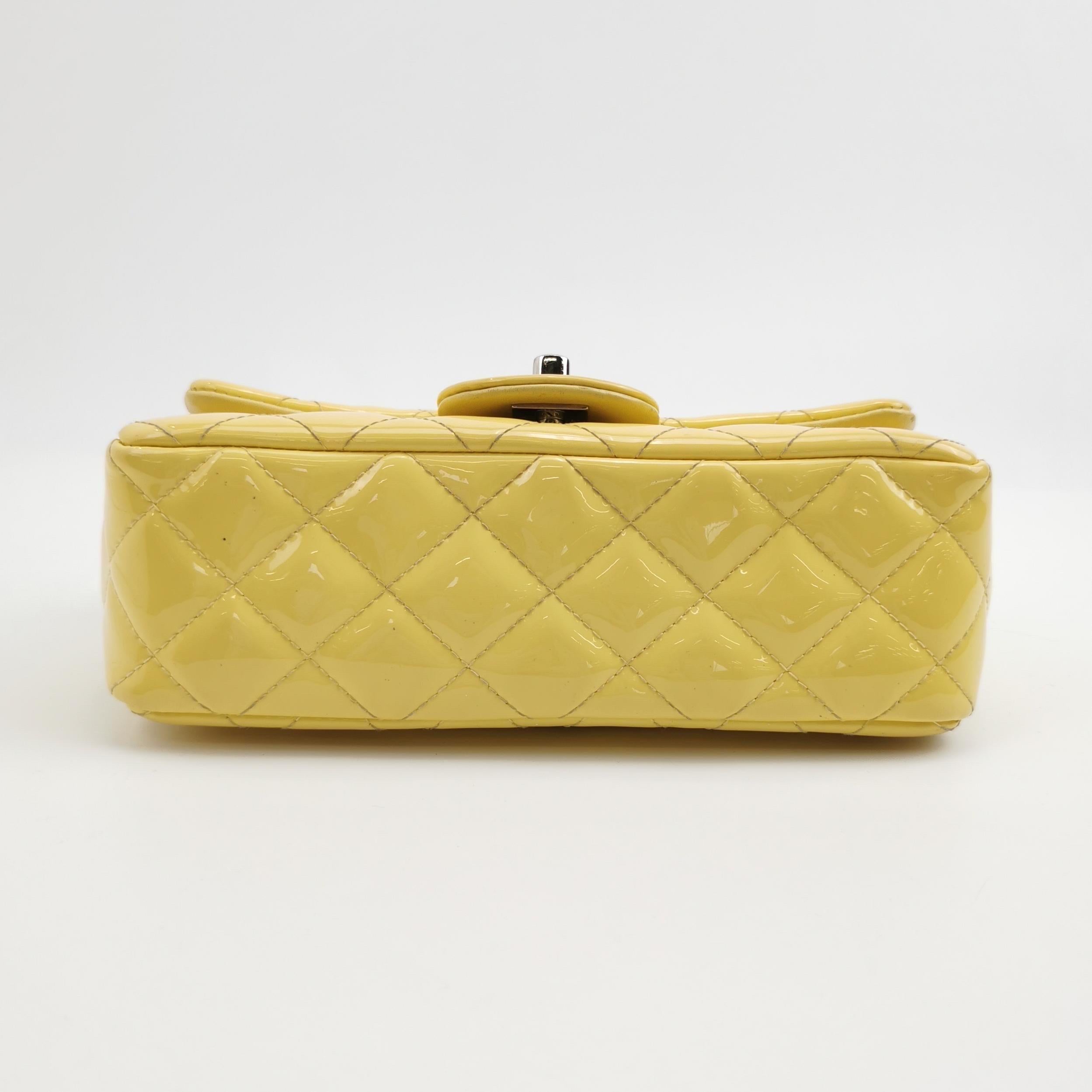 Chanel Classic Flap Rectangular Mini Yellow Patent Leather Silver Hardware For Sale 3