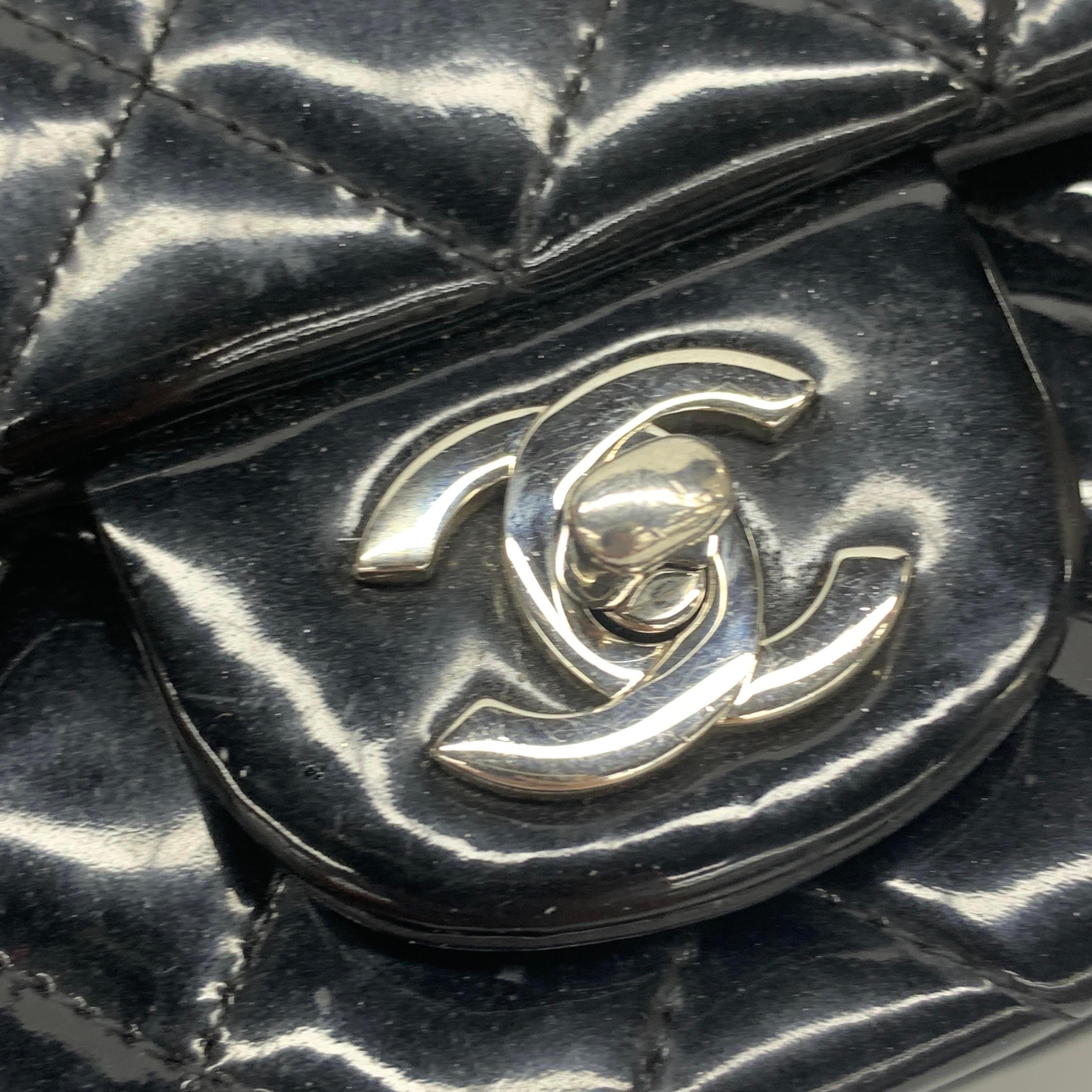 Chanel Classic Flap Rectangular Super Mini Black Patent Leather Silver Hardware For Sale 11