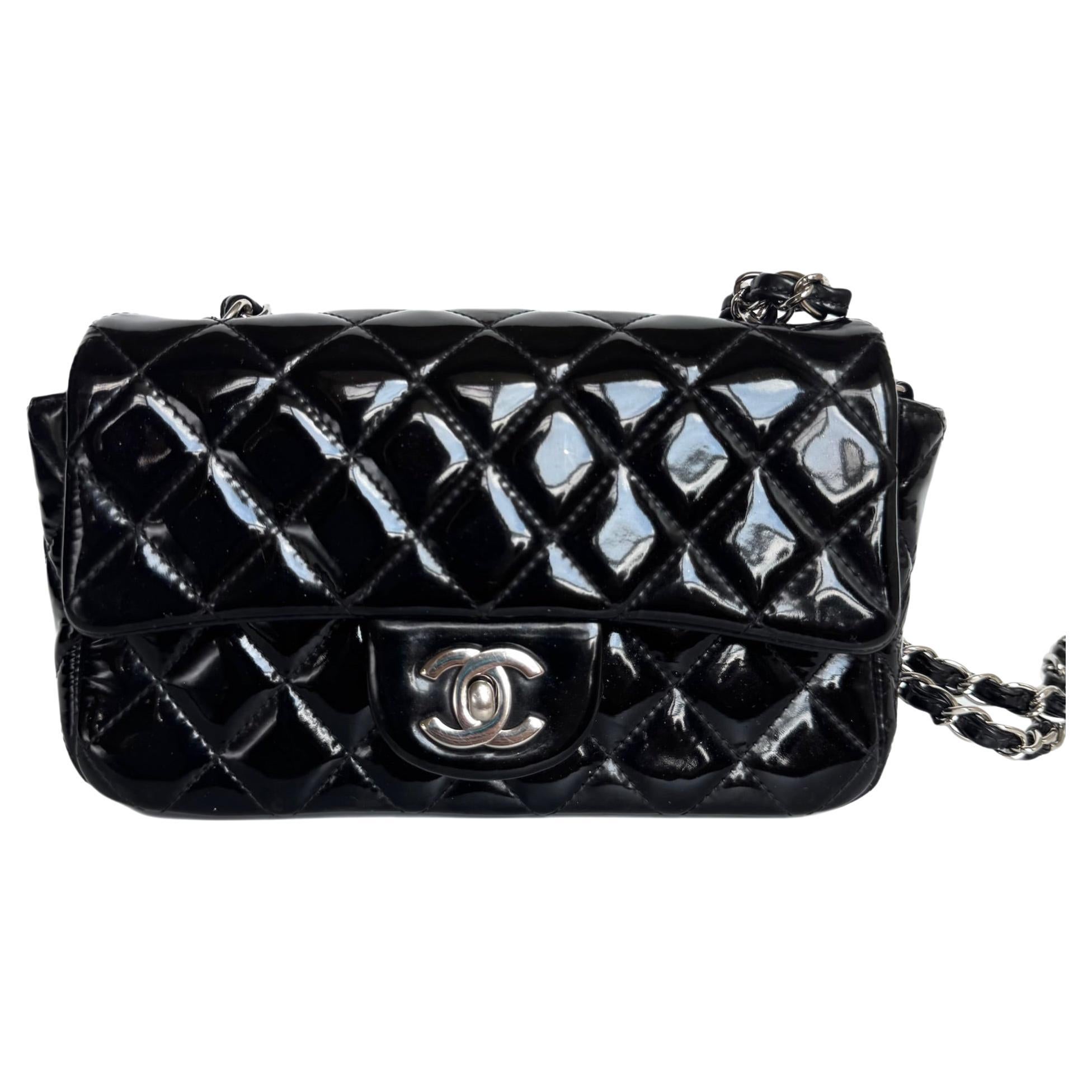 Chanel Classic Flap Rectangular Super Mini Black Patent Leather Silver Hardware