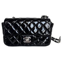 Chanel Classic Flap Rectangular Super Mini Black Patent Leather Silver Hardware