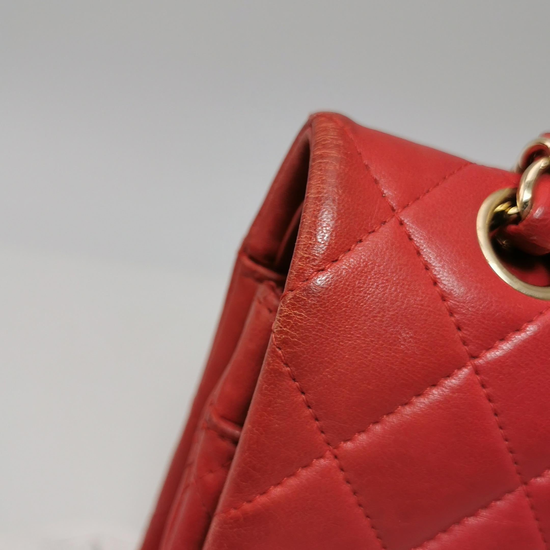 Chanel Classic Flap Red Lambskin Leather Double Flap Gold Hardware For Sale 15
