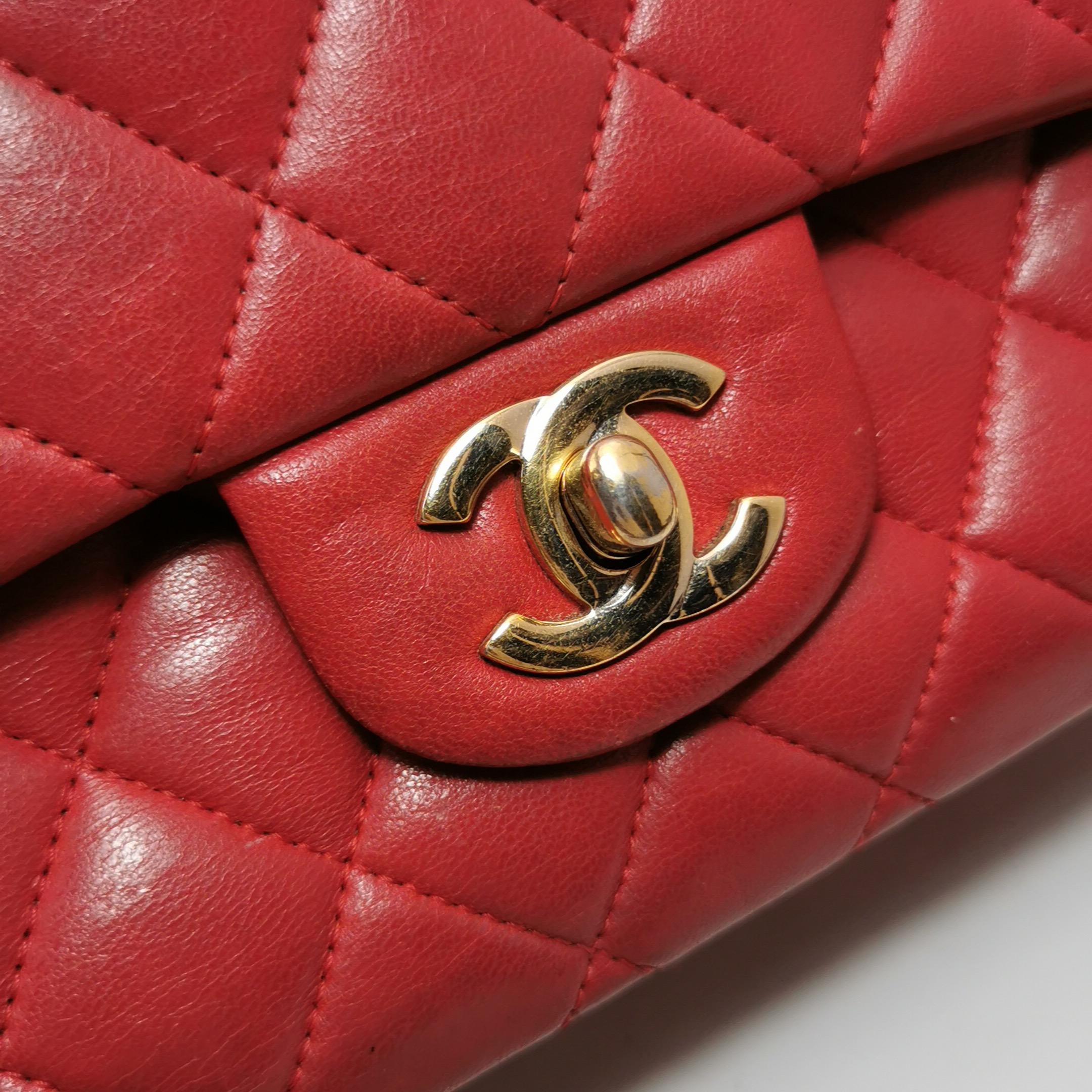 Chanel Classic Flap Red Lambskin Leather Double Flap Gold Hardware For Sale 2