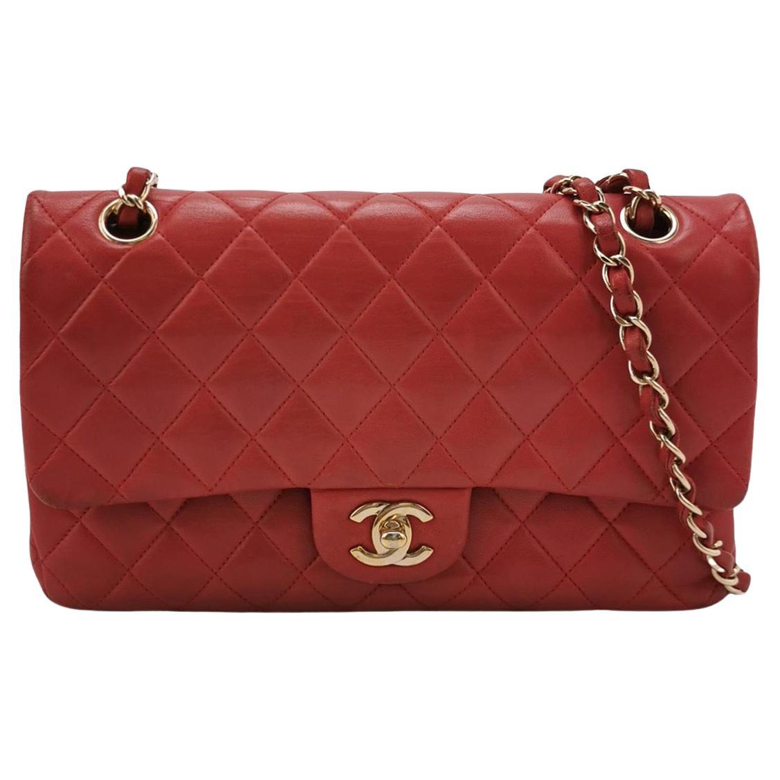 Chanel Classic Flap Red Lambskin Leather Double Flap Gold Hardware For Sale