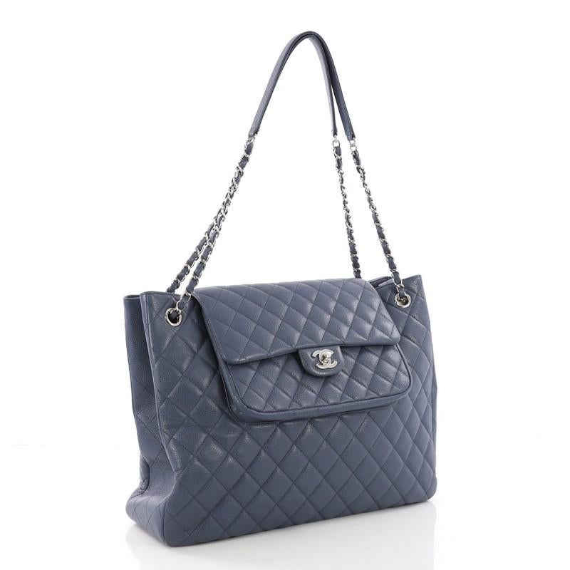 Gray Chanel Classic Flap Shopping Tote Quilted Caviar Large