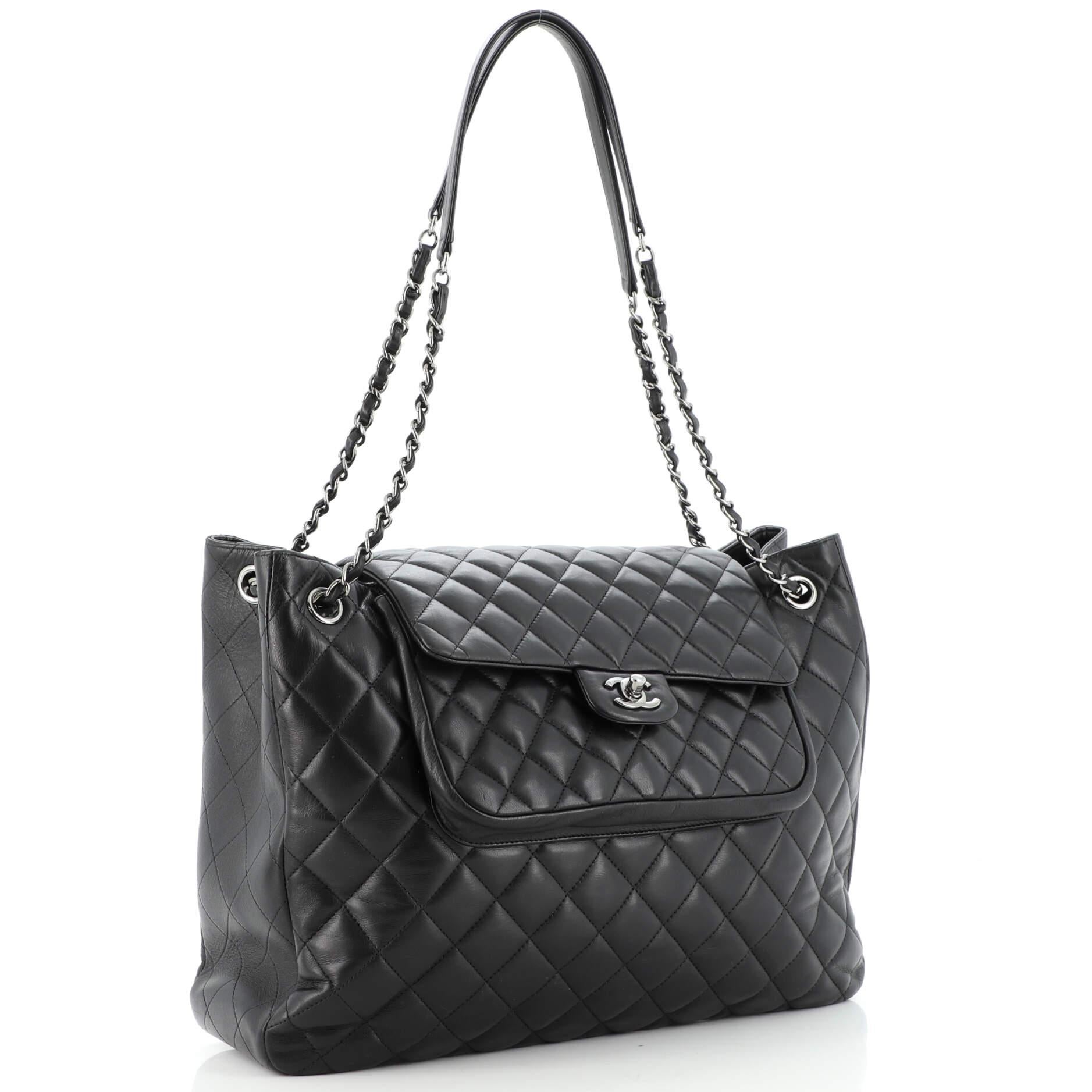 Black Chanel Classic Flap Shopping Tote Quilted Lambskin Large