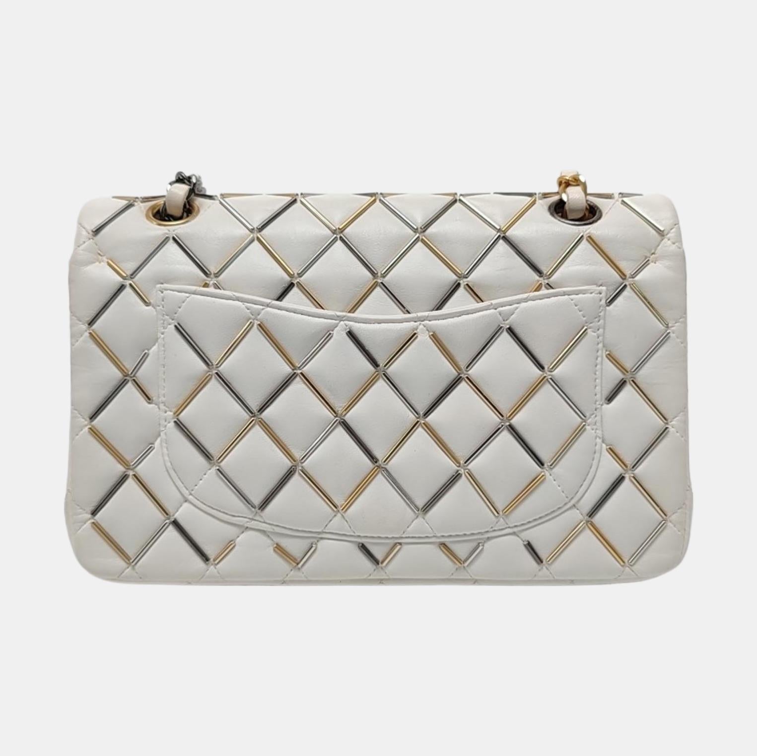 Donna Chanel Classic Flap Small Bag Pelle d'agnello bianca Oro Argento Hardware Wild Stitch by Stitch in vendita