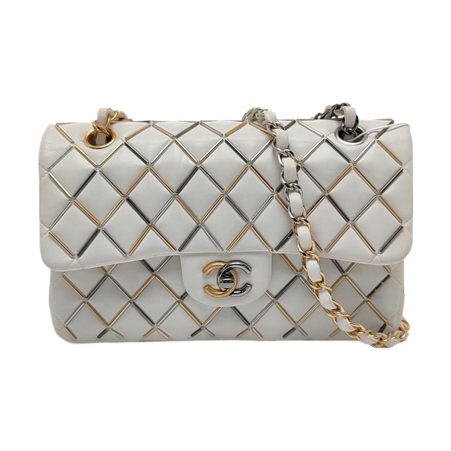 Chanel Classic Flap Small Bag White Lambskin Gold Silver Hardware Wild Stitch