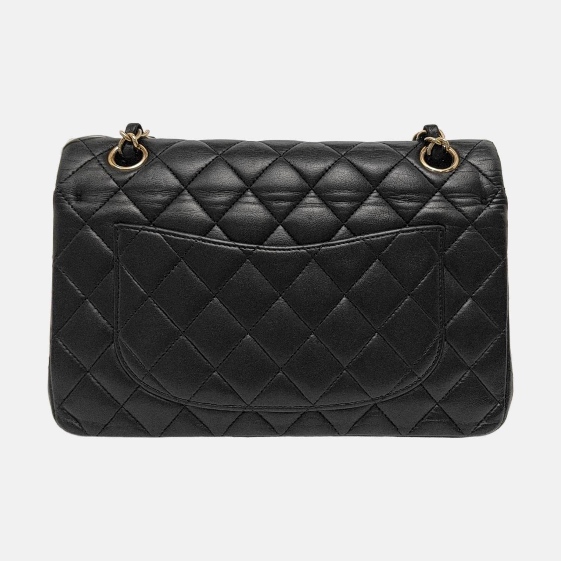 Chanel Classic Flap Small Black Lambskin Leather Gold Hardware For Sale 12