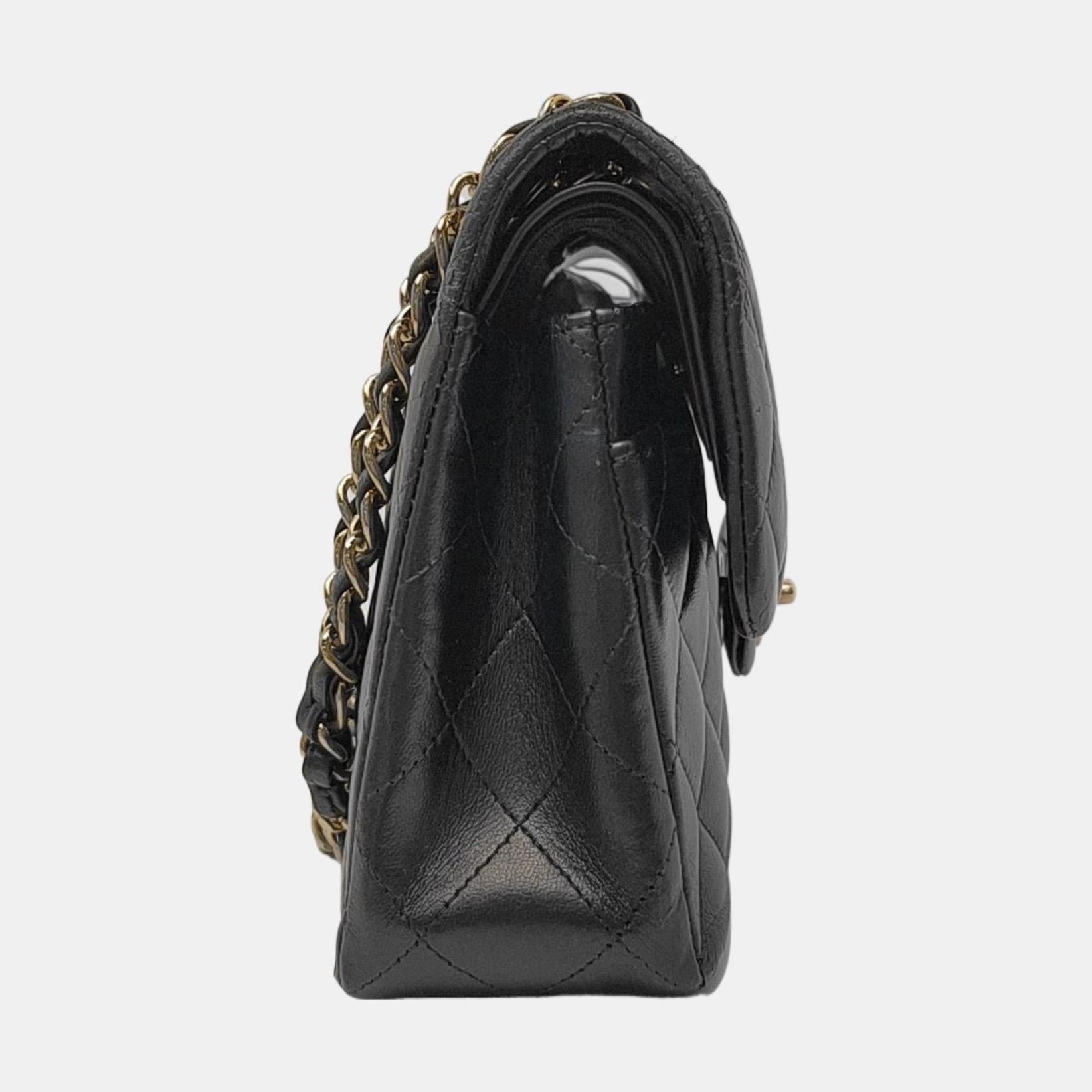 Women's Chanel Classic Flap Small Black Lambskin Leather Gold Hardware For Sale